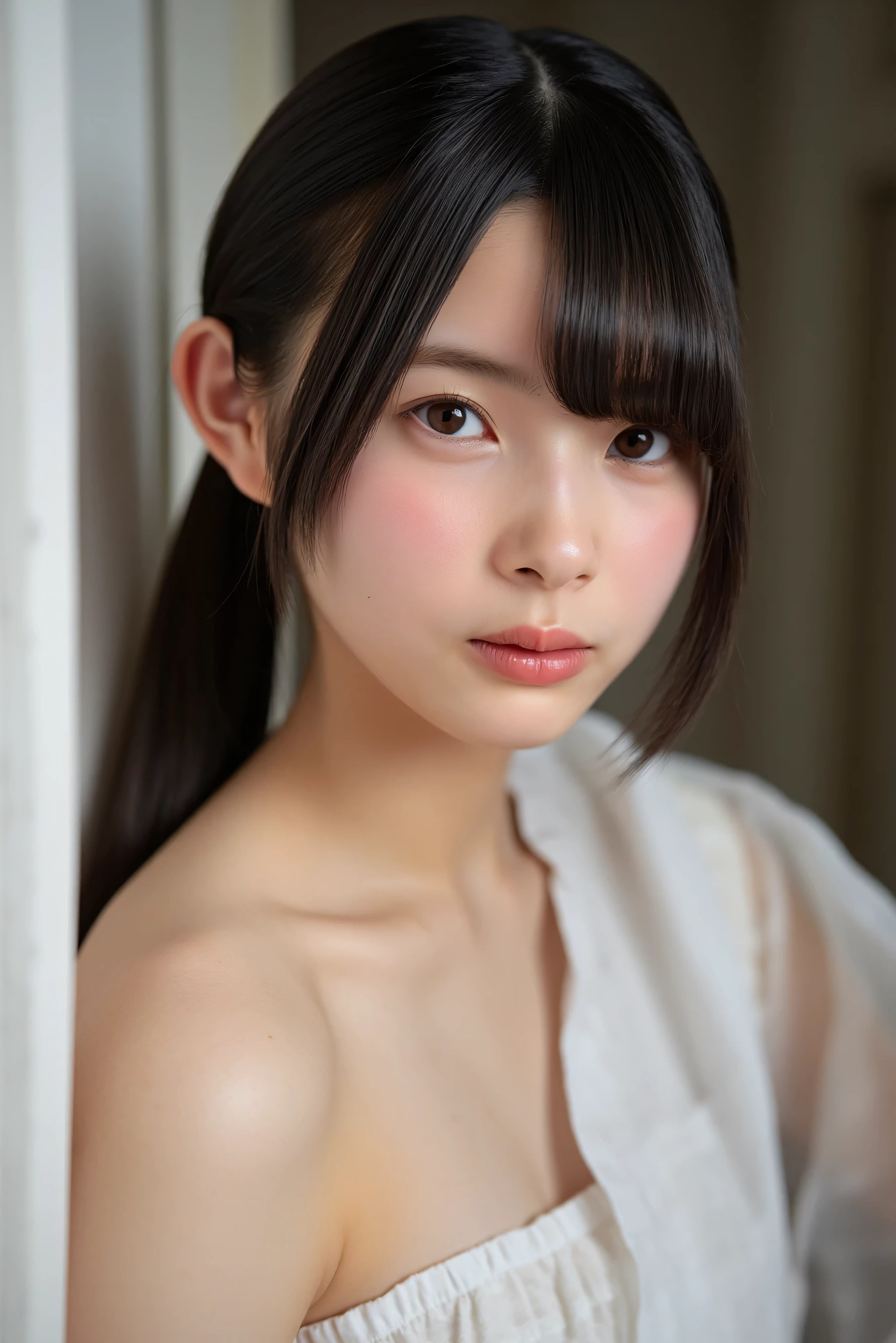 beautiful girl; (brown hair,  with nice details ); (honey-colored eyes, pretty eyes, long eyelashes and slim cute eyebrows, plump lips, Cupid and heart-shaped lips,  pretty lips in pink tones ); (pinkish white skin; freckles and moles all over the body); (cute makeup in pink tones); (Detailed Body, Slim midsection; [Big Breasts, pieces of long breasts, Nice breasts, prune neckline]; ( white robe, Robe attached to the body, with a sexy robe,  No Bra; sexy, with pretty details and sexy); angle from below against panties 