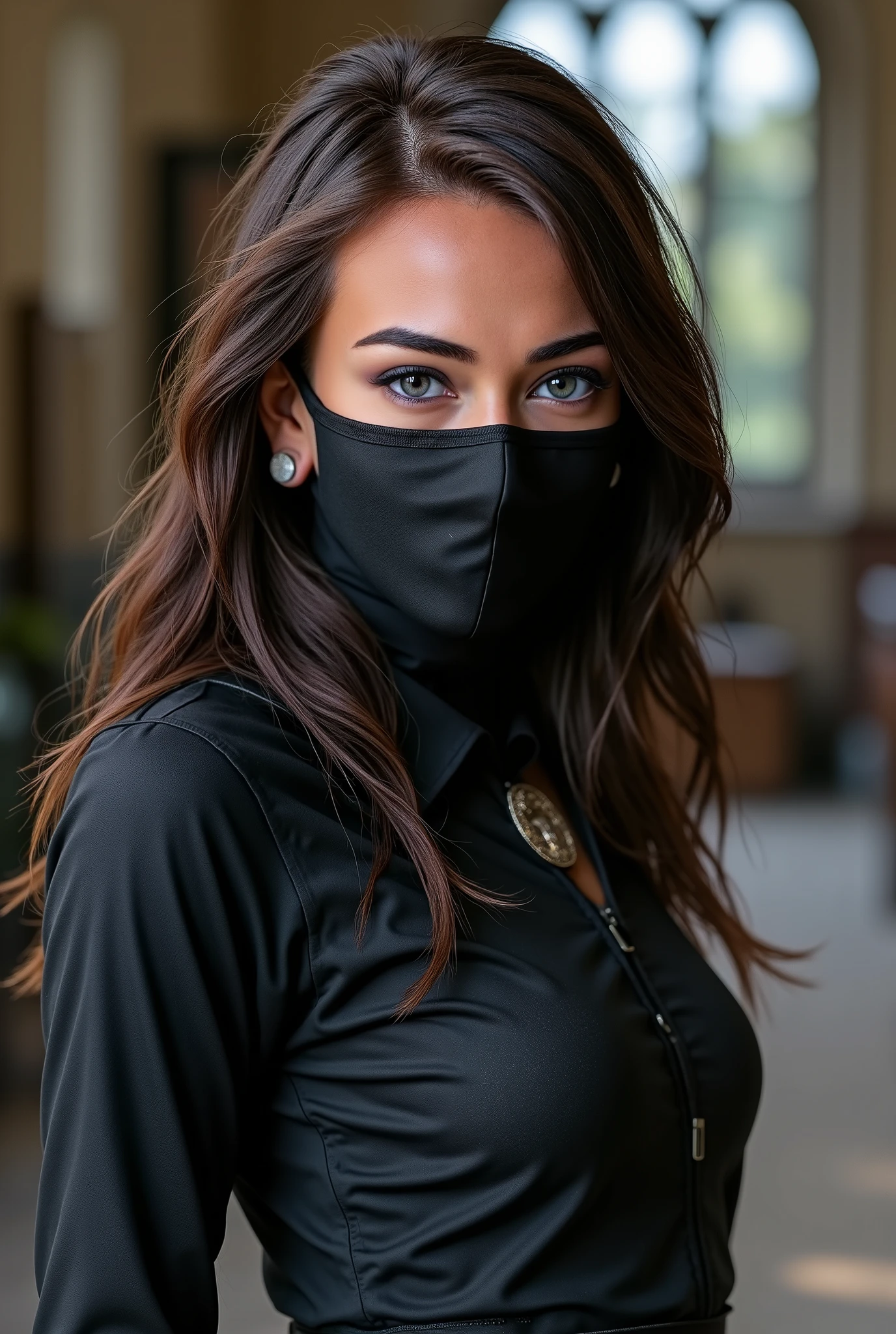 ((, uniform Long dark brown hair, bright blue eyes, wears a black mask, covering her nose and mouth )), ((wearing ninja clothes)), ((Von Hogwarts )), photorealistic
