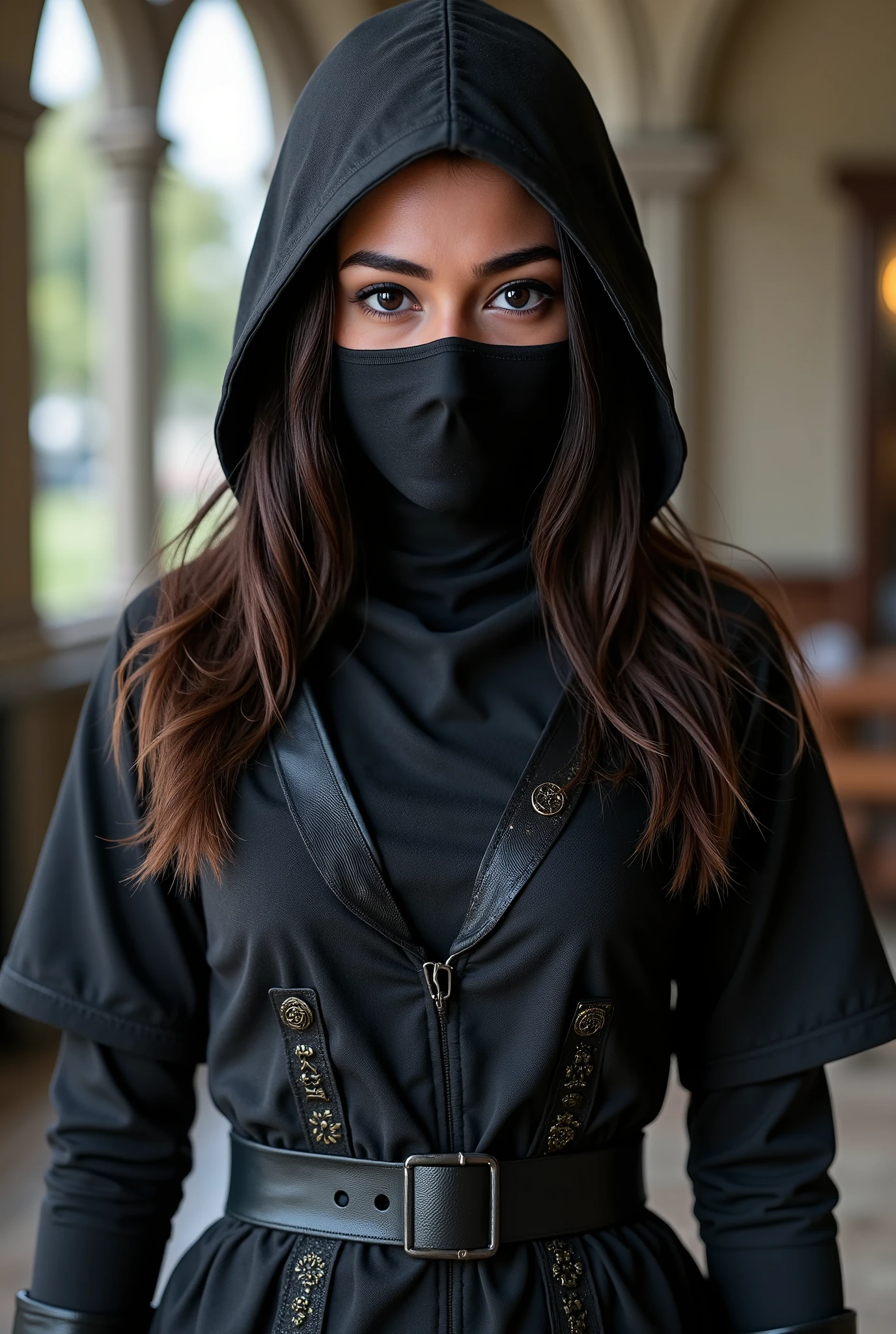 ((, Long dark brown hair, bright blue eyes, wears a black mask, covering her nose and mouth )), ((wearing ninja clothes)), ((Von Hogwarts )), photorealistic