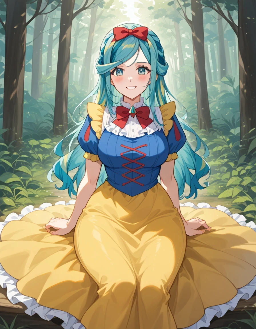 score 9 、score 8 up、score 7 up、masterpiece、top quality、high resolution、anime coloring、、1woman、Pokemon grusha 、solo、long hair、aqua eyes、Blue Hair、 green hair、aqua hair、multicolored hair、hair bun、eyelash、half up hair、Big Breasts、EXTRA BIG BREASTS、、snow white cosplay、snow white (disney) (cosplay)、cosplay、red head bow、dress、puffy and slash sleeves、puffy short sleeves、white collar、puffy sleeves、red bowtie、light blue short sleeves、yellow sleeve hem、yellow skirt、navy blue dress、forest、is sitting、smile、blush、looking at viewer、cowboy shot、