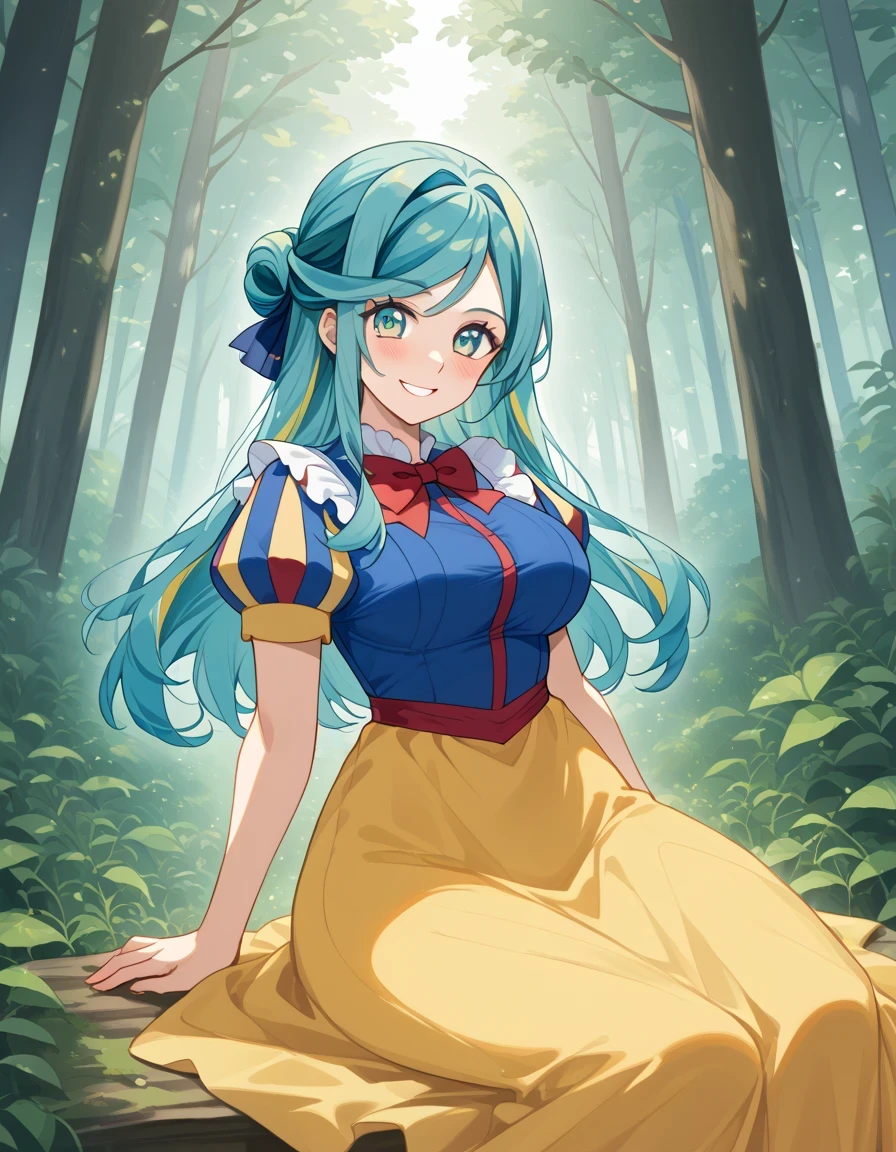 score 9 、score 8 up、score 7 up、masterpiece、top quality、high resolution、anime coloring、、1woman、Pokemon grusha 、solo、long hair、aqua eyes、Blue Hair、 green hair、aqua hair、multicolored hair、hair bun、eyelash、half up hair、Big Breasts、EXTRA BIG BREASTS、、snow white cosplay、snow white (disney) (cosplay)、cosplay、red head bow、dress、puffy and slash sleeves、puffy short sleeves、white collar、puffy sleeves、red bowtie、light blue short sleeves、yellow sleeve hem、yellow skirt、navy blue dress、forest、is sitting、smile、blush、looking at viewer、cowboy shot、