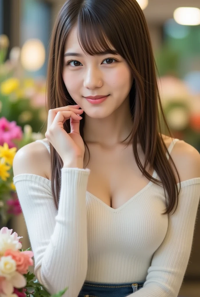 1womanl,  20yr old、Colossal tits　((Beautiful shiny straight semi-long:1.2)),Beautiful fingers,Beautiful long legs,Beauty Body，Cute nose，Beautiful bare skin、perfect  eyes，Perfect and realistic face，ighly detailed ，（tmasterpiece:1.0),(best_quality:1.0), 超A high resolution,4K,ultra - detailed, photography of, 4K, nffsw, hight resolution, the background is blurred, (Beautiful_Face:1.5)、(The background is a café restaurant at night:1.3),(White Brown Sheer Flared Long Skirt:1.3),(Colossal tits) Backgrounds with depth　Three-dimensional feeling　((White Beige Knit Ultra Fine Yarn Camisole、Very fine buttons:1.4)) (Beautiful large breast、Eyes are blue、Hair is pink、Beautiful like a model in a cute yellow miniskirt、kawaii、A refreshing smile、university campus、Outside on a sunny day