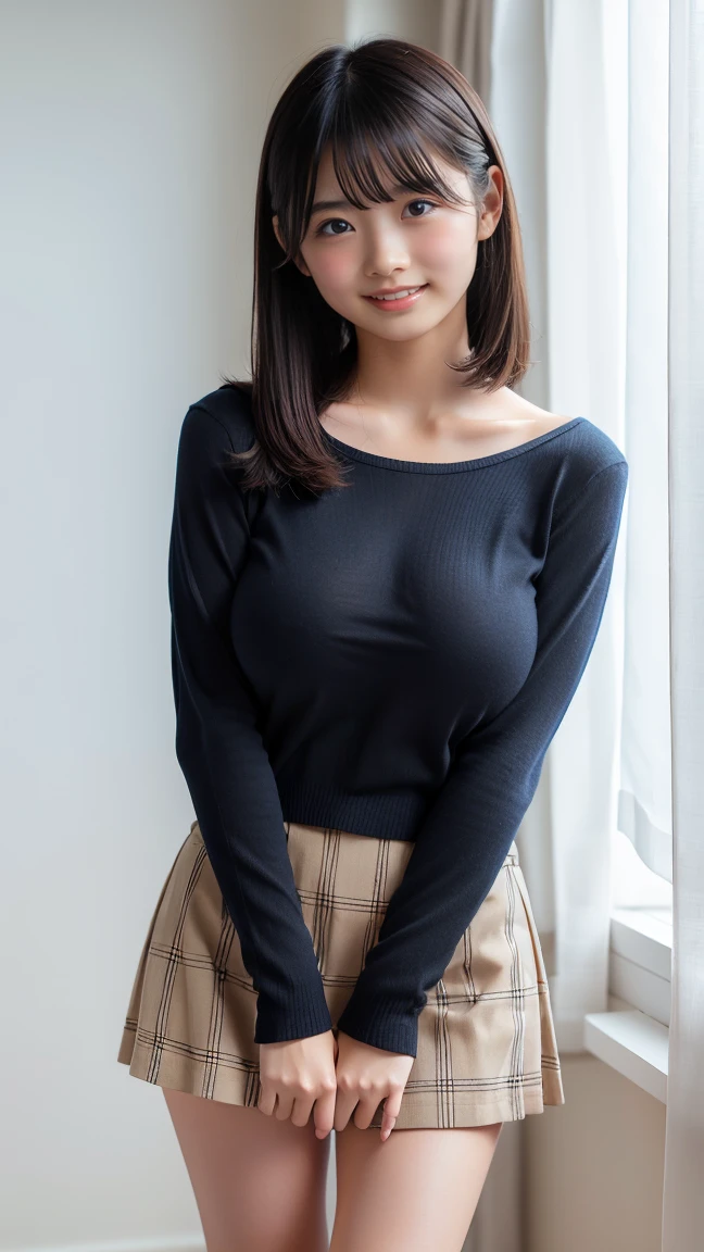 Full body photography((Lightweight long-sleeved knit、Detailed panties、Thighs Thighs Thighs Thighs:1.2))、Moe sleeves、(Realistic、Photorealistic、Ultra-detailed、Highest Detail Skin、highest quality、masterpiece、超A high resolution)、Cute Japanese Woman、28 years old、Young girl、Has bangs、double eyelid、drooping eyes、Big black eyes、Japanese style face、Cute Smile、Charm、purity、A calm face、Double teeth、Have a look at this、Realistic skin types