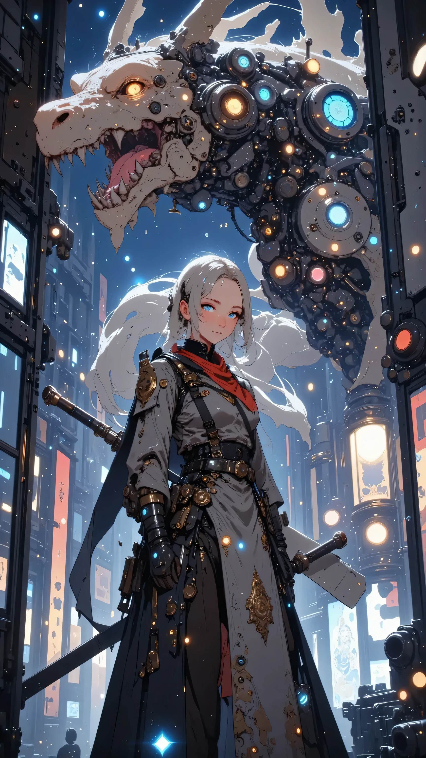 A focused female cyborg with a mechanical dragon head arm, her face showing tension and determination, holding a massive giant katana that stands as the centerpiece of the scene, its long, curved blade adorned with intricate engravings of celestial dragons, glowing with a soft neon blue hue that pulses with energy, the hilt wrapped in futuristic metallic bindings with embedded glowing circuits, radiating an aura of ancient power and advanced technology. She grips the katana firmly, its sheer size and glowing presence emphasizing her readiness for combat. Her body is a fusion of biomechanical tissue and advanced machinery, her future gear glowing with subtle neon hues. Behind her, a towering robot stands tall within a nebula of swirling stardust, its mechanical structure scarred from ancient cosmic conflicts, surrounded by floating debris of broken machines and discarded metal in zero gravity. Dramatic lighting casts an ethereal glow, highlighting glowing petals of spiritual energy that drift gracefully, creating a surreal contrast between the serene beauty of the cosmos and the robot's unyielding strength. In the distance, crystalline ice asteroids shine, adding elegance to the scene. The robot's shoulder bears a flowing white ponytail and a vibrant red scarf billowing in the vacuum. In the background, a mechanical dragon rises from interconnected energy fragments, its articulated wings inspired by samurai spaceship designs, depicted in stunning 8K resolution with intricate metallic details, stardust, and a starry sky, its radiant aura guarding the scene from behind.