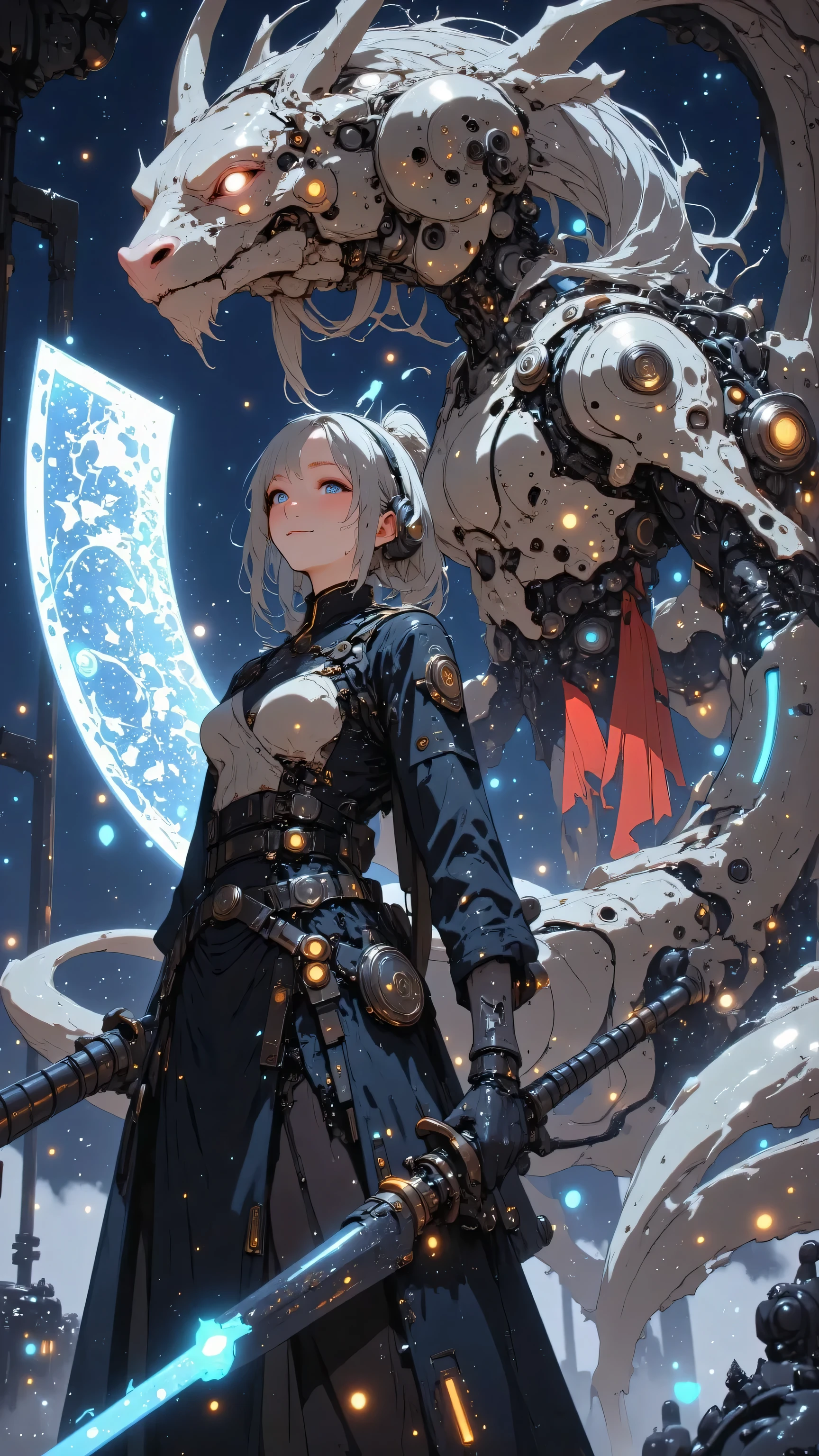 A resolute female cyborg with a mechanical dragon head arm, her expression tense and focused, clutching a giant katana that dominates the composition, its enormous blade intricately etched with glowing cosmic runes that shimmer with a neon blue light, the hilt a fusion of ancient samurai craftsmanship and futuristic tech with glowing energy conduits running through it, casting a faint glow on her surroundings. She holds the katana with a commanding presence, its size and radiance underscoring her readiness for an epic cosmic battle. She is a seamless blend of organic tissue and futuristic machinery, her advanced armor glowing with faint neon accents. In the background, a towering robot stands amidst a swirling nebula of stardust, its mechanical frame adorned with scars from past cosmic wars, surrounded by floating fragments of defeated machines and discarded metal in zero gravity. Dramatic lighting bathes the scene, illuminating glowing petals of spiritual energy that float gracefully, creating a surreal contrast between the tranquil beauty of the cosmos and the robot's unyielding power. In the distance, crystalline ice asteroids shimmer, adding elegance to the scene. The robot's shoulder features a flowing white ponytail and a vibrant red scarf billowing in the vacuum. In the background, a mechanical dragon emerges from interconnected energy shards, its articulated wings inspired by samurai spaceship designs, rendered in stunning 8K resolution with intricate metallic details, stardust, and a starry sky, its glowing aura serving as a protective force.