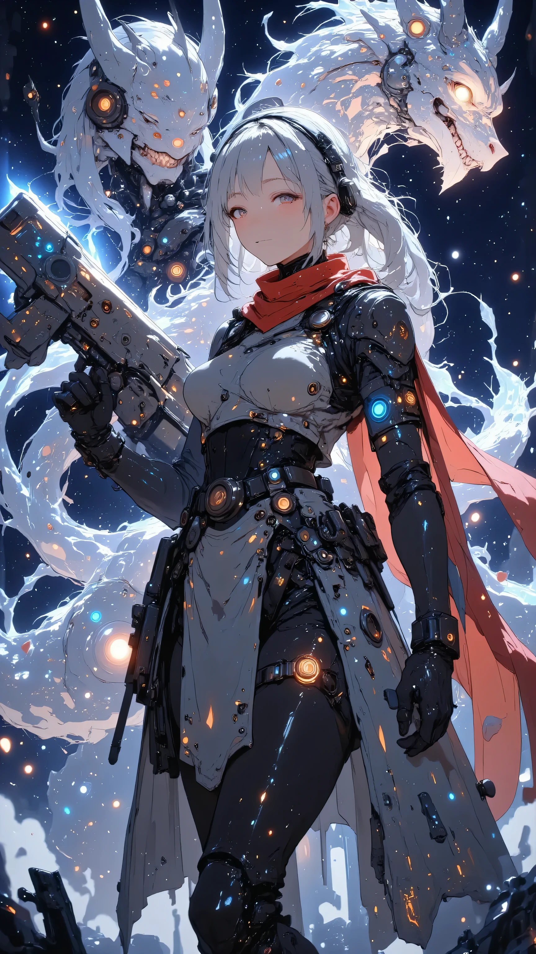 A focused female cyborg with a mechanical dragon head arm, her expression tense and determined, holding a massive giant katana with an elaborate, faintly glowing blade, standing ready for battle in a futuristic stance. Her body is a fusion of biomechanical tissue and advanced machinery, her future gear glowing with subtle neon hues. Behind her, a towering robot stands tall within a nebula of swirling stardust, its mechanical structure scarred from ancient cosmic conflicts, surrounded by floating debris of broken machines and discarded metal in zero gravity. Dramatic lighting casts an ethereal glow, highlighting glowing petals of spiritual energy that drift gracefully, creating a surreal contrast between the serene beauty of the cosmos and the robot's unyielding strength. In the distance, crystalline ice asteroids shine, adding elegance to the scene. The robot's shoulder bears a flowing white ponytail and a vibrant red scarf billowing in the vacuum. In the background, a mechanical dragon rises from interconnected energy fragments, its articulated wings inspired by samurai spaceship designs, depicted in stunning 8K resolution with intricate metallic details, stardust, and a starry sky, its radiant aura guarding the scene from behind.