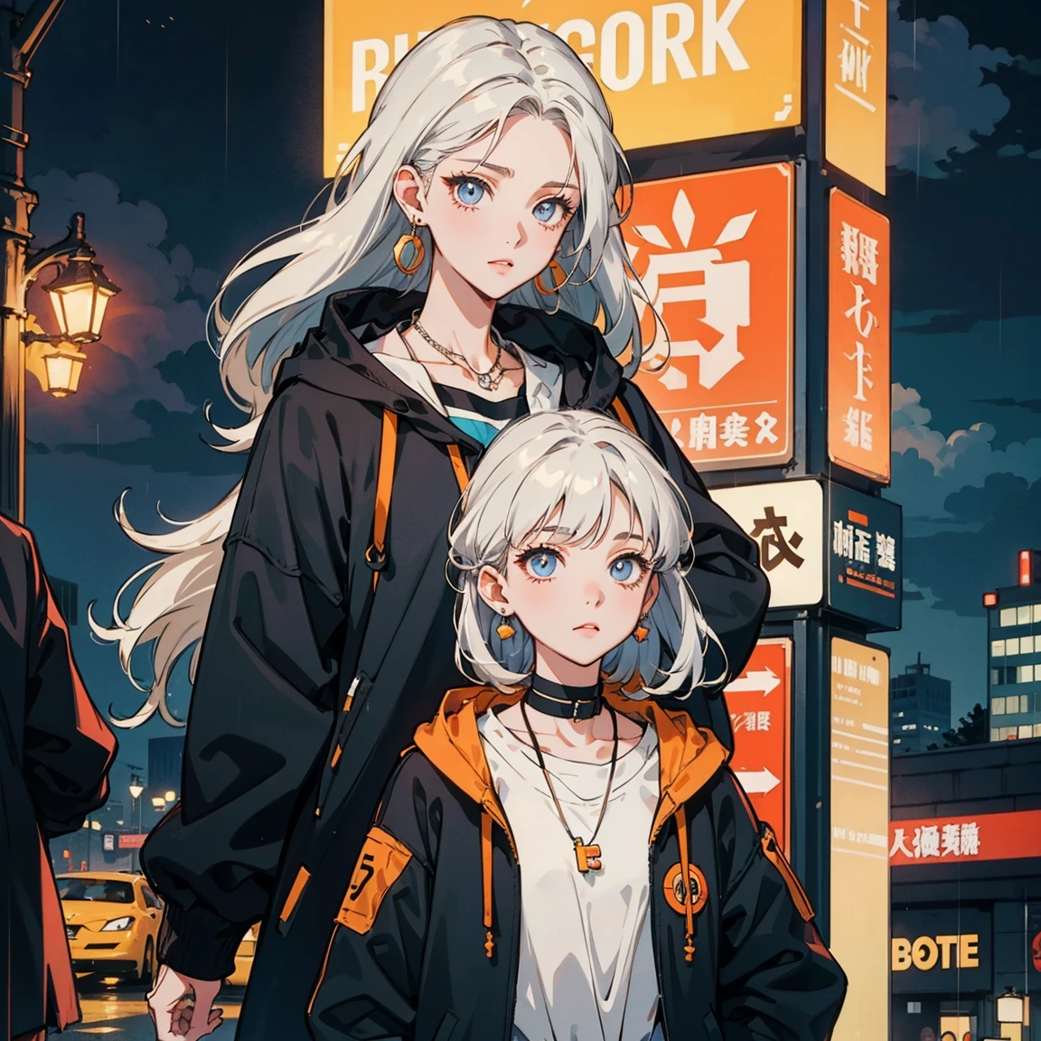 female、older sister、Clean eyes、sling、Narrow eyes、long white hair、black and orange hooded coat、casual fashion、large earrings、necklace、neon city at night、rain