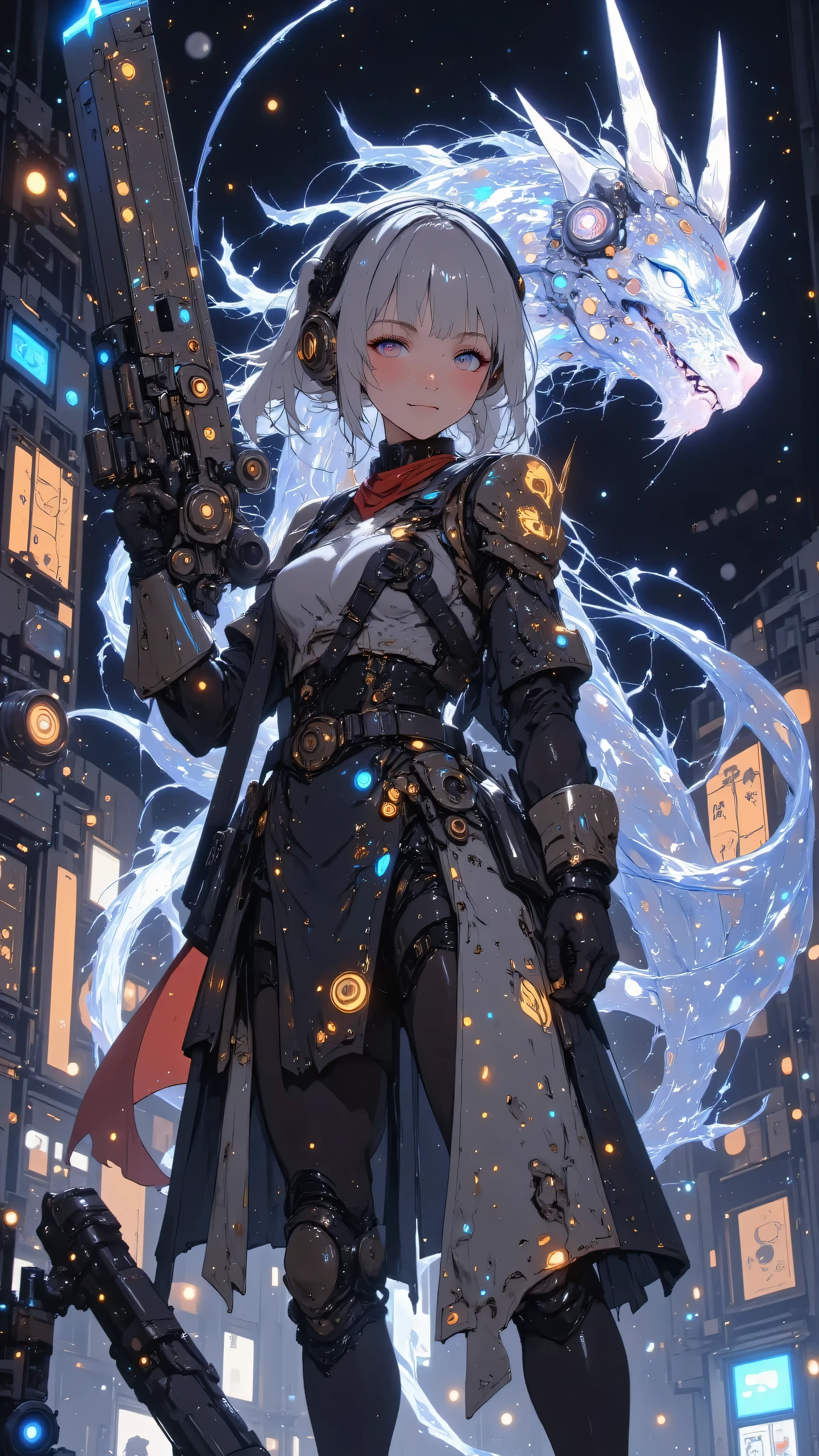 A focused female cyborg with a mechanical dragon head arm, her expression tense and determined, holding a massive giant katana with an elaborate, faintly glowing blade, standing ready for battle in a futuristic stance. Her body is a fusion of biomechanical tissue and advanced machinery, her future gear glowing with subtle neon hues. Behind her, a towering robot stands tall within a nebula of swirling stardust, its mechanical structure scarred from ancient cosmic conflicts, surrounded by floating debris of broken machines and discarded metal in zero gravity. Dramatic lighting casts an ethereal glow, highlighting glowing petals of spiritual energy that drift gracefully, creating a surreal contrast between the serene beauty of the cosmos and the robot's unyielding strength. In the distance, crystalline ice asteroids shine, adding elegance to the scene. The robot's shoulder bears a flowing white ponytail and a vibrant red scarf billowing in the vacuum. In the background, a mechanical dragon rises from interconnected energy fragments, its articulated wings inspired by samurai spaceship designs, depicted in stunning 8K resolution with intricate metallic details, stardust, and a starry sky, its radiant aura guarding the scene from behind.