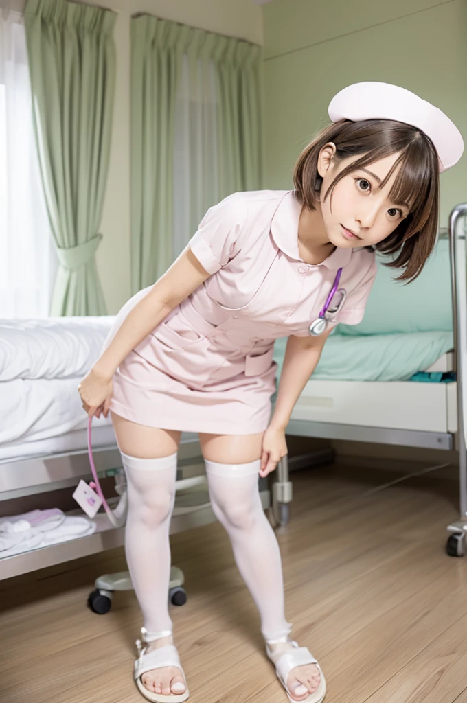 8k,masterpiece,Japanese,(A young girl ),(The whole body is shown),A smile showing beautiful teeth,Innocent face,(Childish:1.3),(Big Breasts),Thin and beautiful legs,(Tight nurse uniform:1.5),semi-long,noon,bright,((Turn around and make eye contact)),((Get on all fours and stick your butt out))