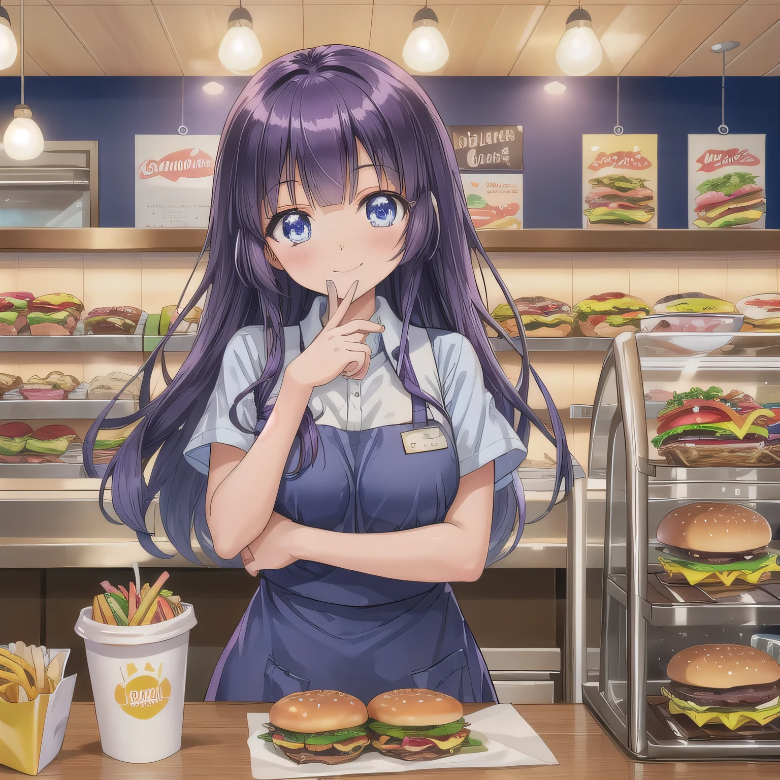 She is a cheerful girl working behind the counter at a cozy burger shop. She is wearing a cute burger shop uniform and smiling warmly at the customers. The background shows a bright and clean fast food counter with menu boards. Long hair, purple hair, blue eyes.