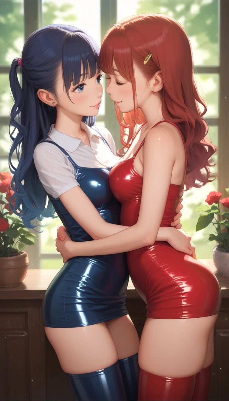 2girls,hug, kiss,Nishikino maki, Purple eyes,red hair, curvy body, big breasts, breast squeeze,((sexy short bodycon dress)), strapless , sleeveless, bare shoulders, wrist band, police cap, sweaty, blushing, prison,llchar, embarrassed, saliva trail, saliva string, leaning over another