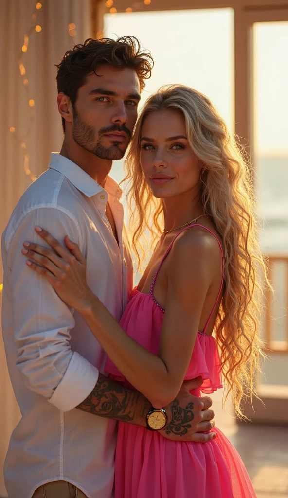 (best quality,4k,8k,highres,masterpiece:1.2),ultra-detailed,(realistic,photorealistic,photo-realistic:1.37),portrait,medium:oil painting,man,wearing Gucci clothes,mixed race,woman,with blonde hair,wearing Gucci clothes,in a beach,beautiful detailed eyes,beautiful detailed lips,extremely detailed eyes and face,long eyelashes,modern fashion style,romantic atmosphere,clear blue sky,soft sunlight,stunning view,cityscape,park,flowers,lovely couple tha kiss,stylish poses,confident expressions,vivid colors,fine brushwork,impressive perspective,immaculate details,meticulous craftsmanship.