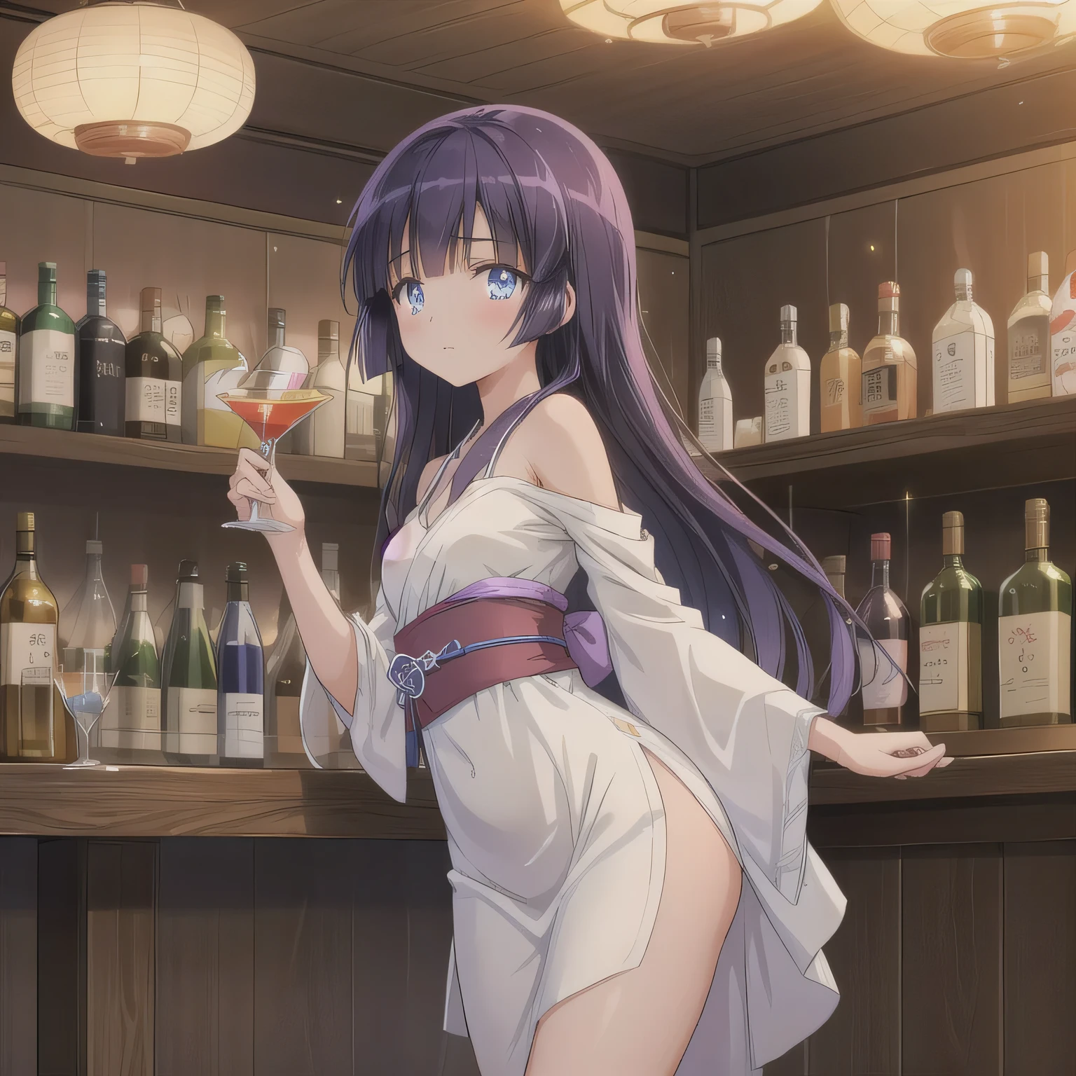 A 2D anime-style illustration. The scene is set inside a dimly lit, cozy Japanese "snack" bar. The lighting is soft and warm, with gentle shadows creating a relaxed, moody atmosphere. Bottles of liquor line the shelves behind the bar, and small round tables are scattered throughout the room. A young woman is standing near a table, wearing a stylish, slightly sexy dress commonly seen in such bars — like a fitted cocktail dress with soft fabrics and subtle glitter. She looks elegant and approachable. The focus is on the warm mood and ambient light. No text in the image. Long hair, purple hair, blue eyes.