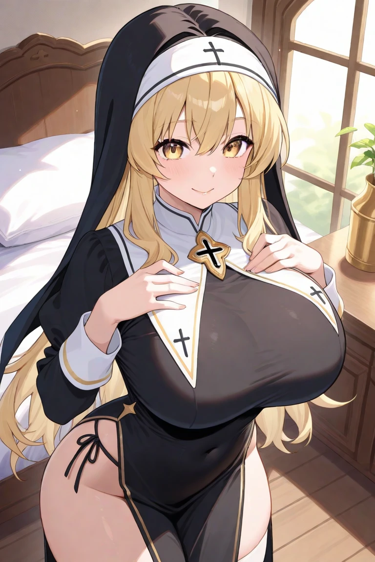 masterpiece, Highest quality, Official Art, Highly detailed CG Unity 8k wallpaper, Detailed Background, (Handcrafted by Guido Daniele), (Finger details), Mature Woman1, (Curvy), (Nuns), (standing in church), (Nuns gown:1.12), (Chest curtain:1.4), (Nuns skirt:1.11), (White Garter Straps Garter Belt:1.12), (Blonde long hair:1.12), (Hair intake:1.12), (Green Eyes:1.2), blush, (Loving smile, holy smile), ((Huge breasts:2.0、Sagging breasts:1.5、Long Breasts:1.3、sagging breast:1.5)), Tight waist, Shiny skin, (Cross Necklace), indoor, (Sacred Scene), (church:1.11), (Sunlight streaming through stained glass),Mature Woman、((sit、足を広げてsit))、Monastic Clothes、White panties、Photographed from diagonally in front、Confessional Pose、Clasp your hands in front of your chest、Close-up photo of the chest、naughty face、heavy breathing、Provocative smile、Sticking out tongue、on back、lying 、thigh focus、drunken eyes、pink_pubic_tattoo