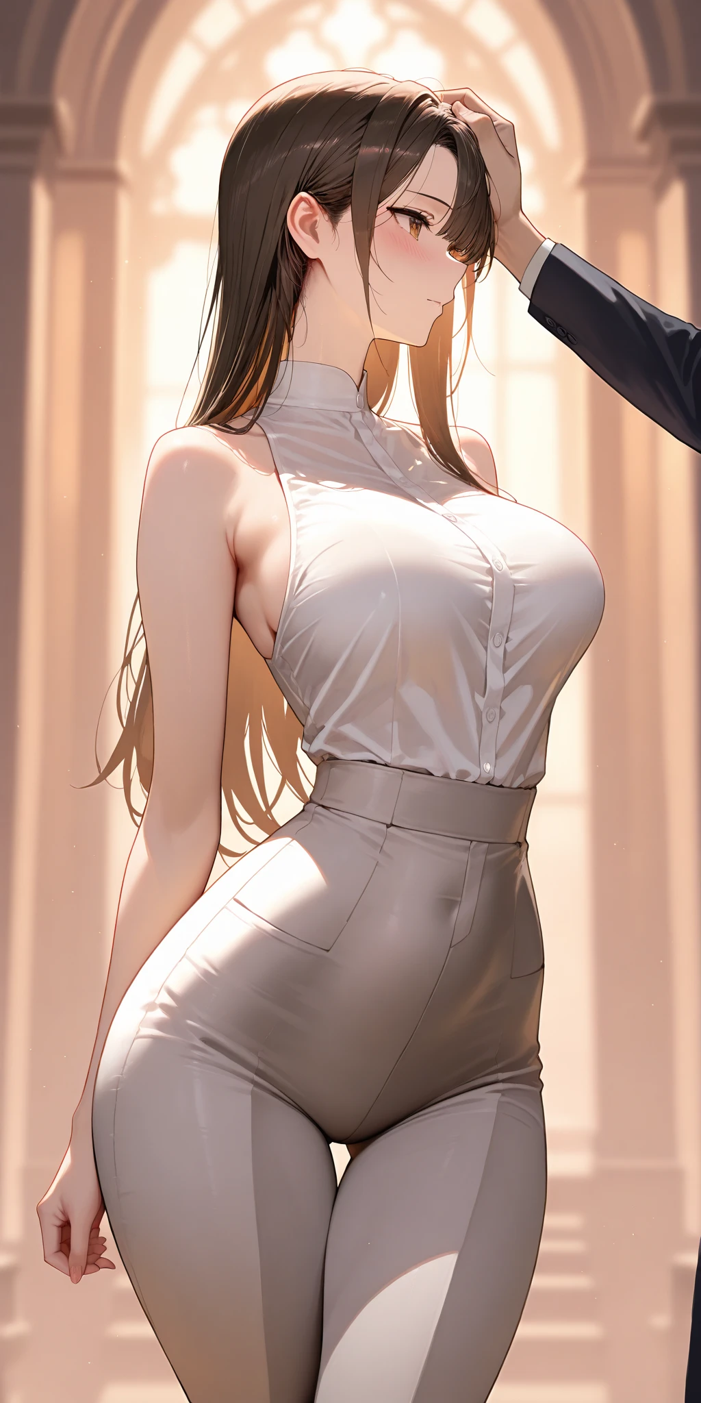 (best quality:1.5, highres, UHD, 4K, detailed lighting, shaders), gold wavy hair, gradient hair, large breasts, white shirt, skirt stretch, mature woman , (pov), white background, colorful eyeshadow, dramatic lighting, sparkling eyes, sensual expression, golden earrings, flowing hair, delicate facial features, soft skin, high cheekbones, urban setting, white background, sitting squatting with legs wide open),  view from behind.