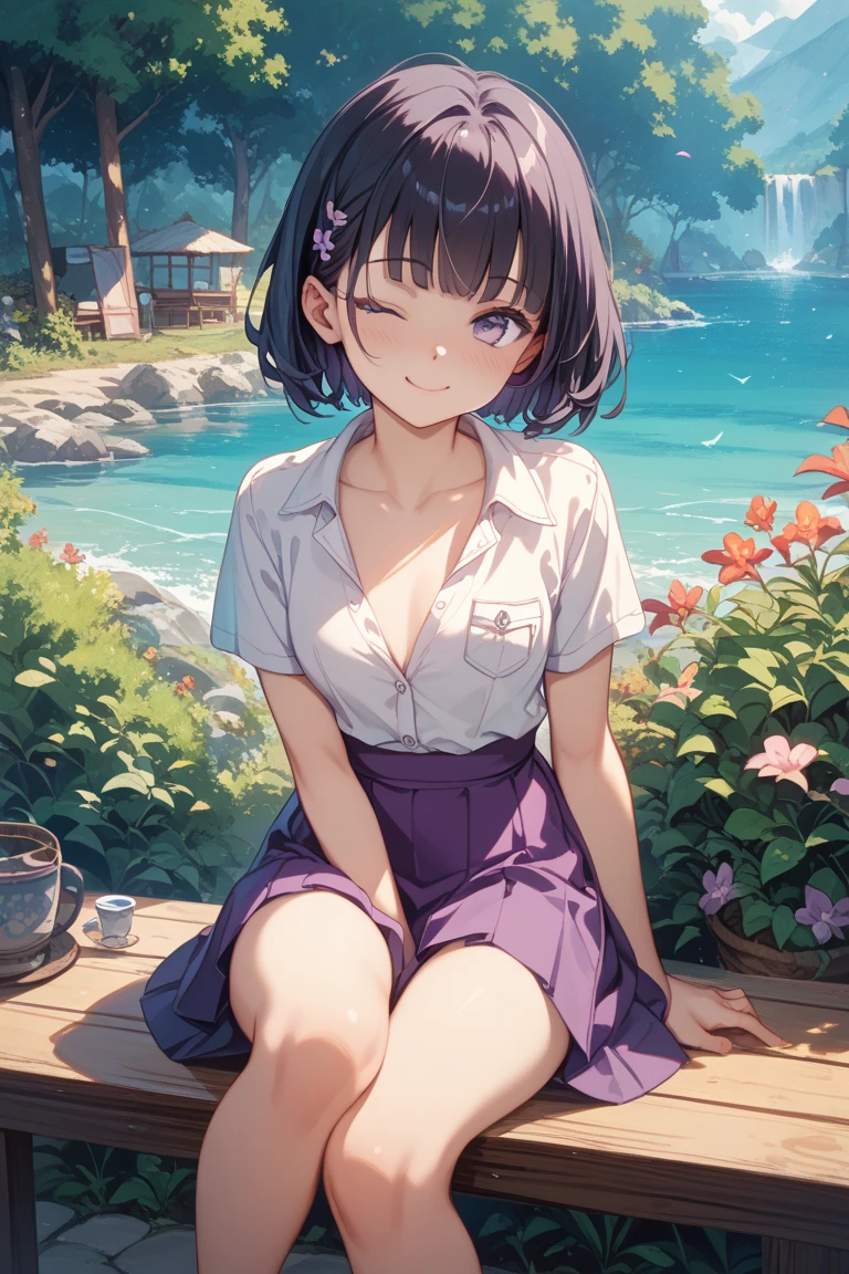 One Woman、young、Black and pink hair、Short Hair、Large Breasts、Showing cleavage、Show your shoulders、Close ~ eyes、is smiling happily、Smiling with teeth showing、Sit on a chair、Reading、front、Upper Body、blue flower、Flower Field、sunny、blue sky、puddle、Reflective plate、White