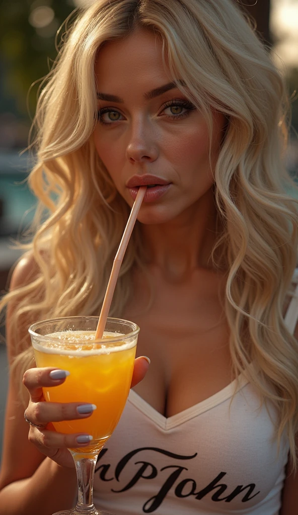 Raquel Hunter, , visage ultra détaillé, Yeux bleus ultra détaillés, cheveux longs blond platine, (hit, en terasse, boit un jus de fruit) (tenues cool) ;(style boheme) ( );), (((seins moyens, , légère, Chef de'ouvrages d'art)))