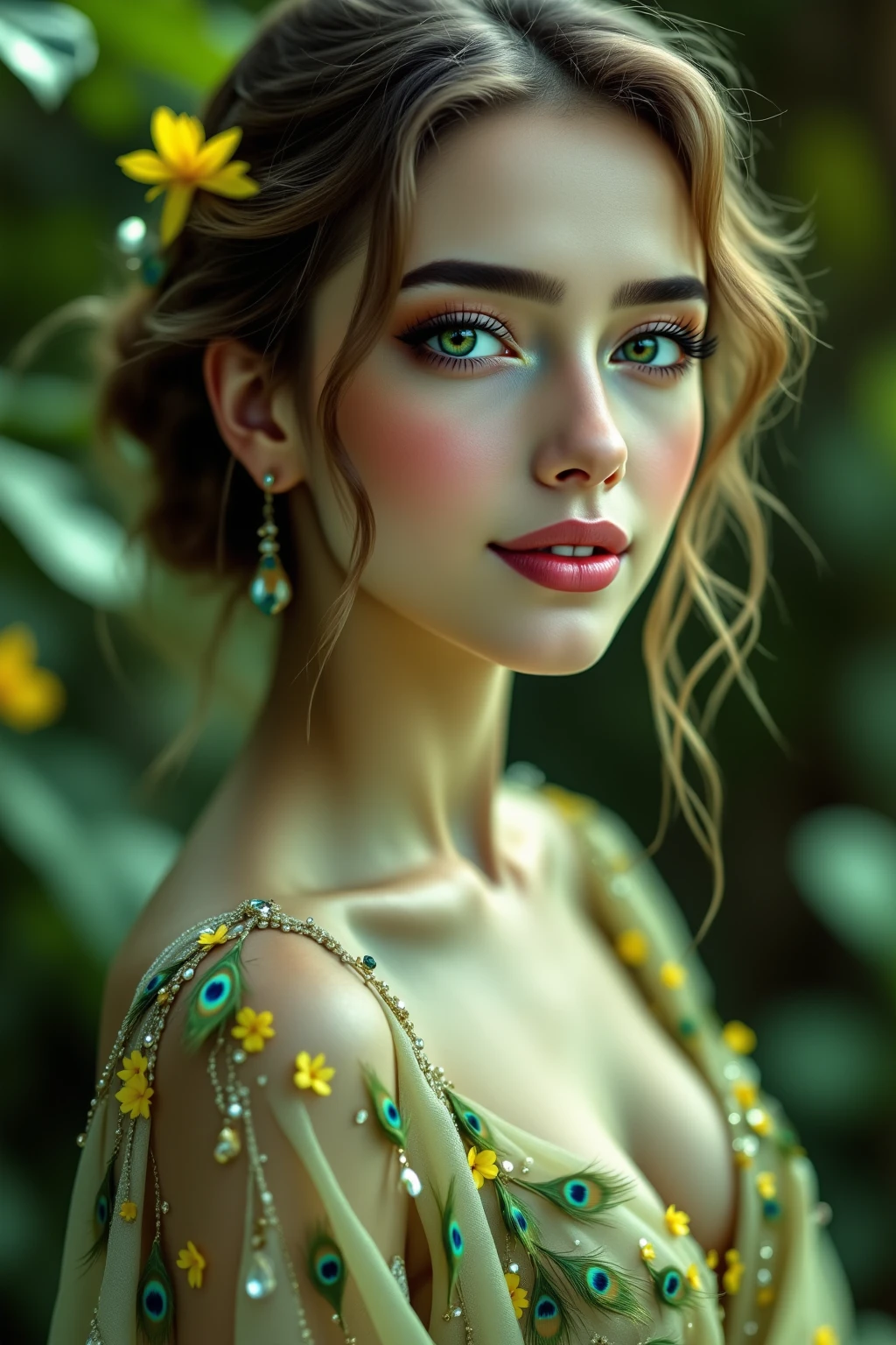 Create a masterpiece of a beautiful woman, perfect clear skin, highlighted irises, pointed eyebrows, eyes in green and gold tones, intricate and detailed metallics, light and slightly curly hair, ((body from knee up)), photo with Nikon D7000, speed 125sec, f11, 35mm. Body wrapped in transparent and iridescent tulle in vibrant rainbow tones, ((background blurred in studio)), colorful flowers. very high quality.UHD.