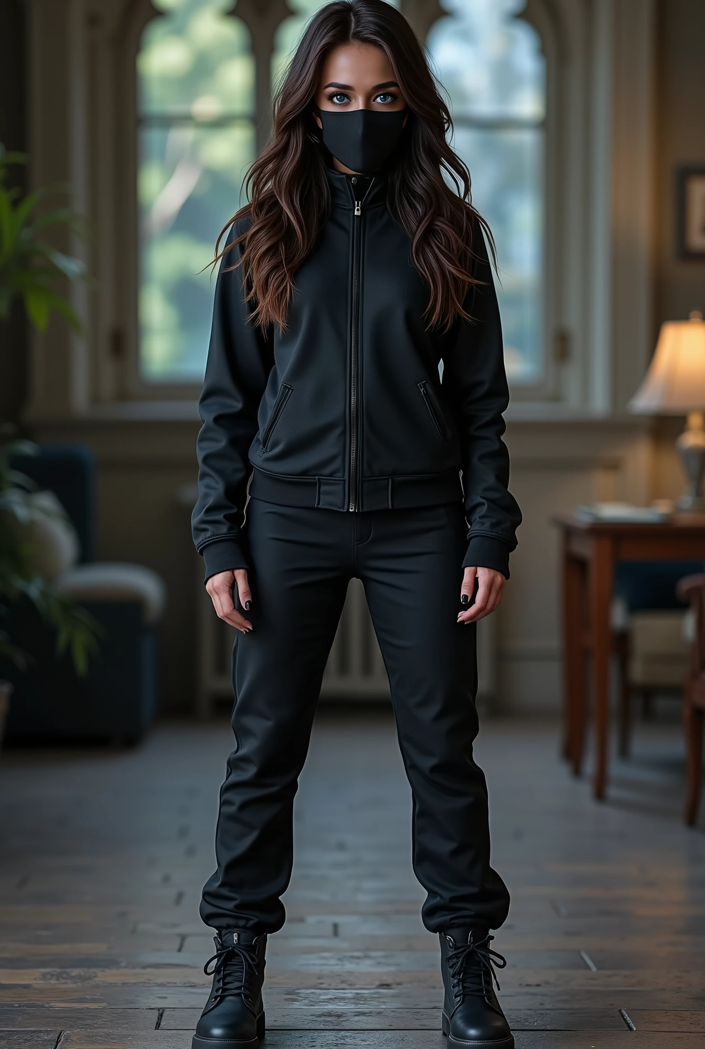 ((, Long dark brown hair, bright blue eyes, wears a black mask, covering her nose and mouth )), ((wearing ninja clothes)), ((Von Hogwarts )), photorealistic, full body, whole body, ninja shoes