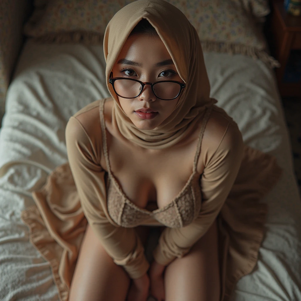 Highly detailed CG Unity wallpaper,matured malay woman in hijab,45 year, glasses, big breast, naked Next to him is a male his hand is tucking in the vagina girls, sleeping in bed portrait photography, lying in bed naked, mid shot photo, ultra detail, professional photograph with professional lighting, smile, light blue bed, bedroom, sexy seducing sleep pose, slim,128k