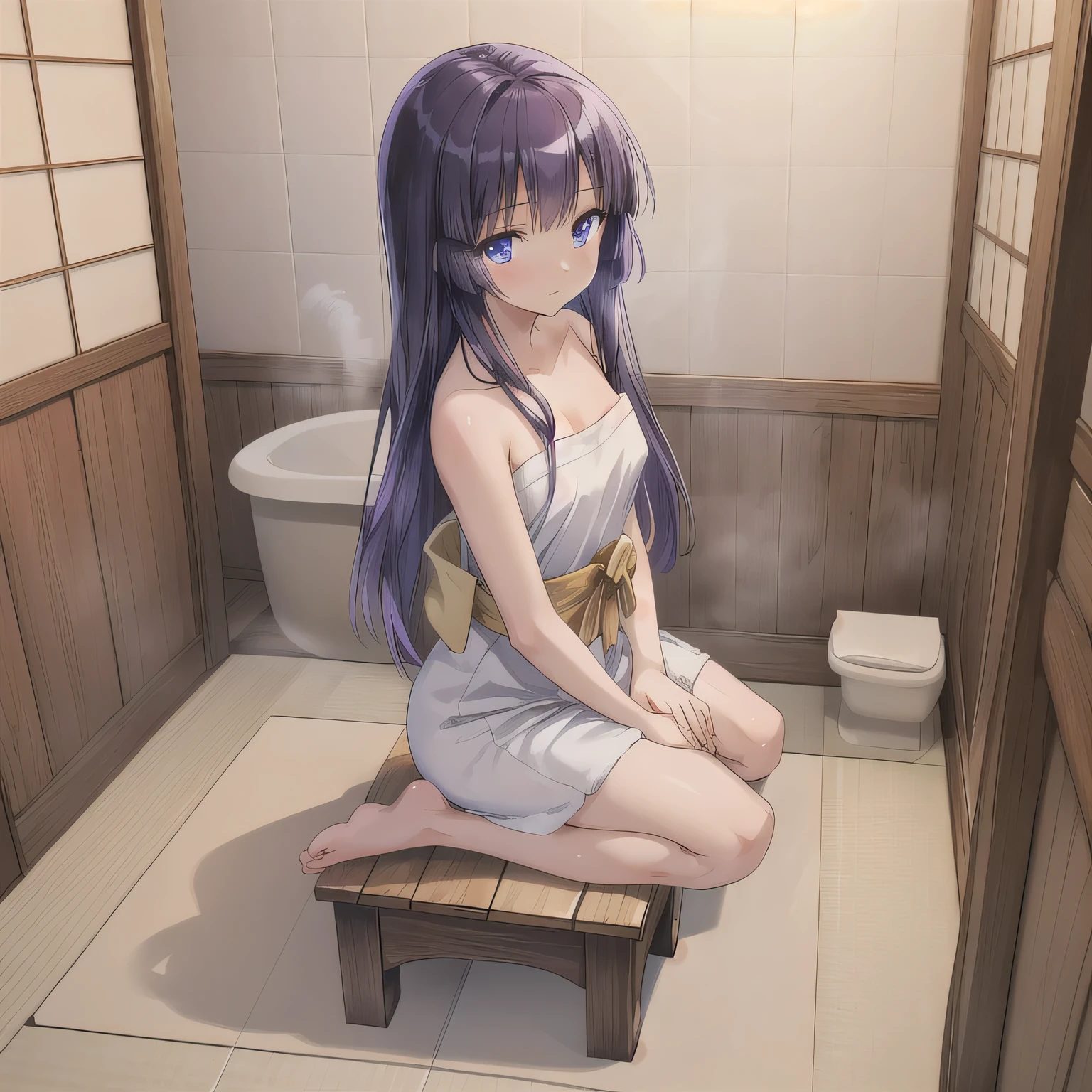 A beautiful woman in a A narrow, compact Japanese bathroom, with tiled walls, a small bathtub, and a wooden stool beside it. Steam fills the room., sitting in seiza style , politely waiting to greet someone.The character is wrapped in a towel around the body. Long hair, purple hair, blue eyes.