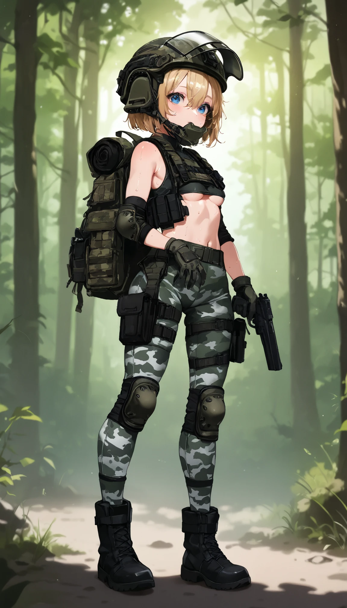    top quality 、 masterpiece、  exists ,    face 、blushes、smiles、  very young girl  、 cute girl who spilled to one side、(  camo print short leggings ),  blondes, bob hair、hair between eyes、Blue Eyes Tactical Gloves、Tactical Vest、Shoulder armor、Elbow Armor Pads、Knee Armor Pads、OVERKNEE HIGH SOCKS、 military boots  ,  TACTICAL HELMET 、backpack、(  camo print sleeveless tight top , Made of PVC),   forest、Illuminated by lighting、Holding a handgun、full body、 petite and slender body、B-cup chest、underboob、opens her mouth, I'm sweaty、
