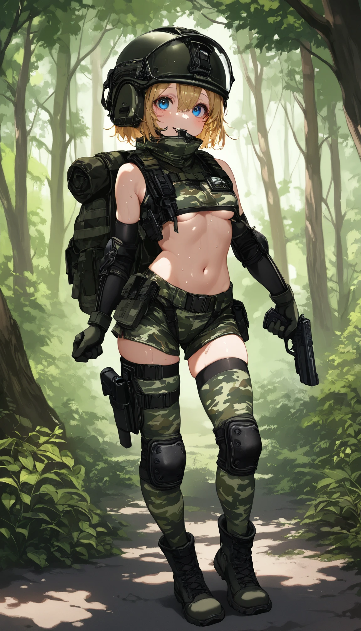 An image of a busty female soldier, gigi hadid, brunette hair, gorgeous, (cleavage), camo vest, hotpants, jungle, (detailed skin complexion:1.2), best quality, vivid color, rtx shading effect, ambient occlusion, highly detailed textures