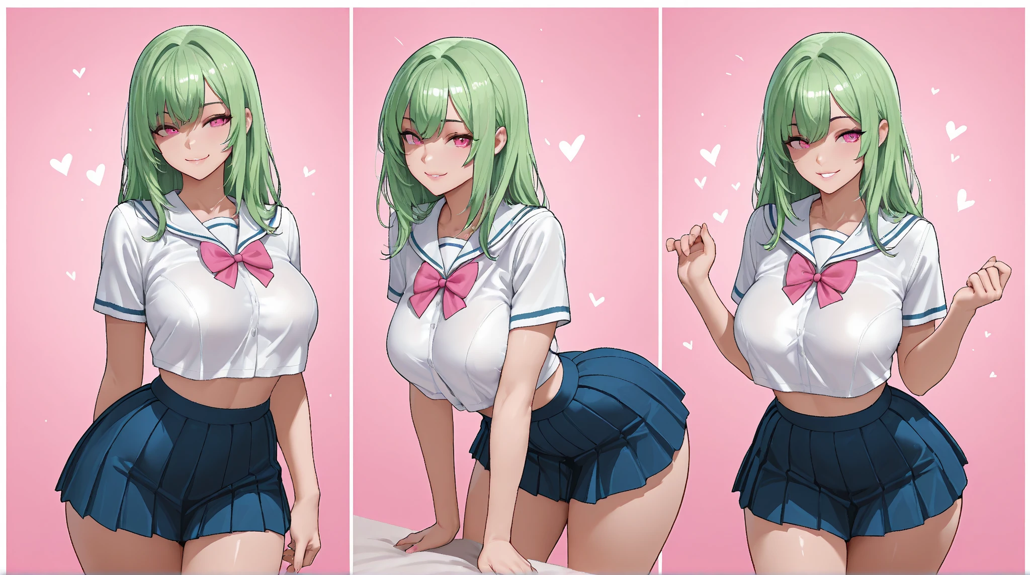 1 girl, green hair, short hair, big lips, green eyes, huge breasts, blush, blush on nose, open abdomen, focused portrait, horrible thighs, high thighs, wide hips, narrow waist , hourglass figure, silly, full body, sexy pose, dynamic pose, midriff, confidence, superiority, bratty, thick thighs, defined stomach, cubicle, business office, window, modern decor, smile, standing, simple background, belt, micro skirt, detailed face and eyes, head tilt, intimacy, midshot, nylons, pantyhose, from behind, from below, full nude, naked