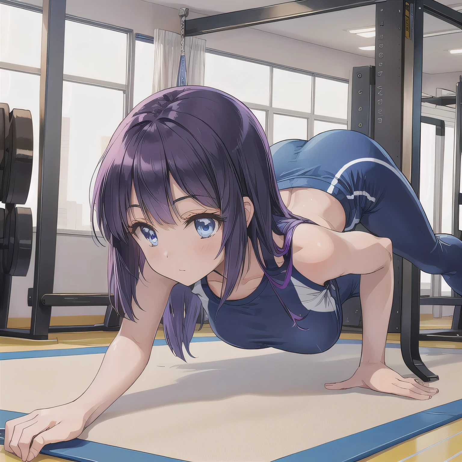 A person doing a plank exercise on a mat in a fitness gym, minimal equipment, bright interior.  Long hair, purple hair, blue eyes.