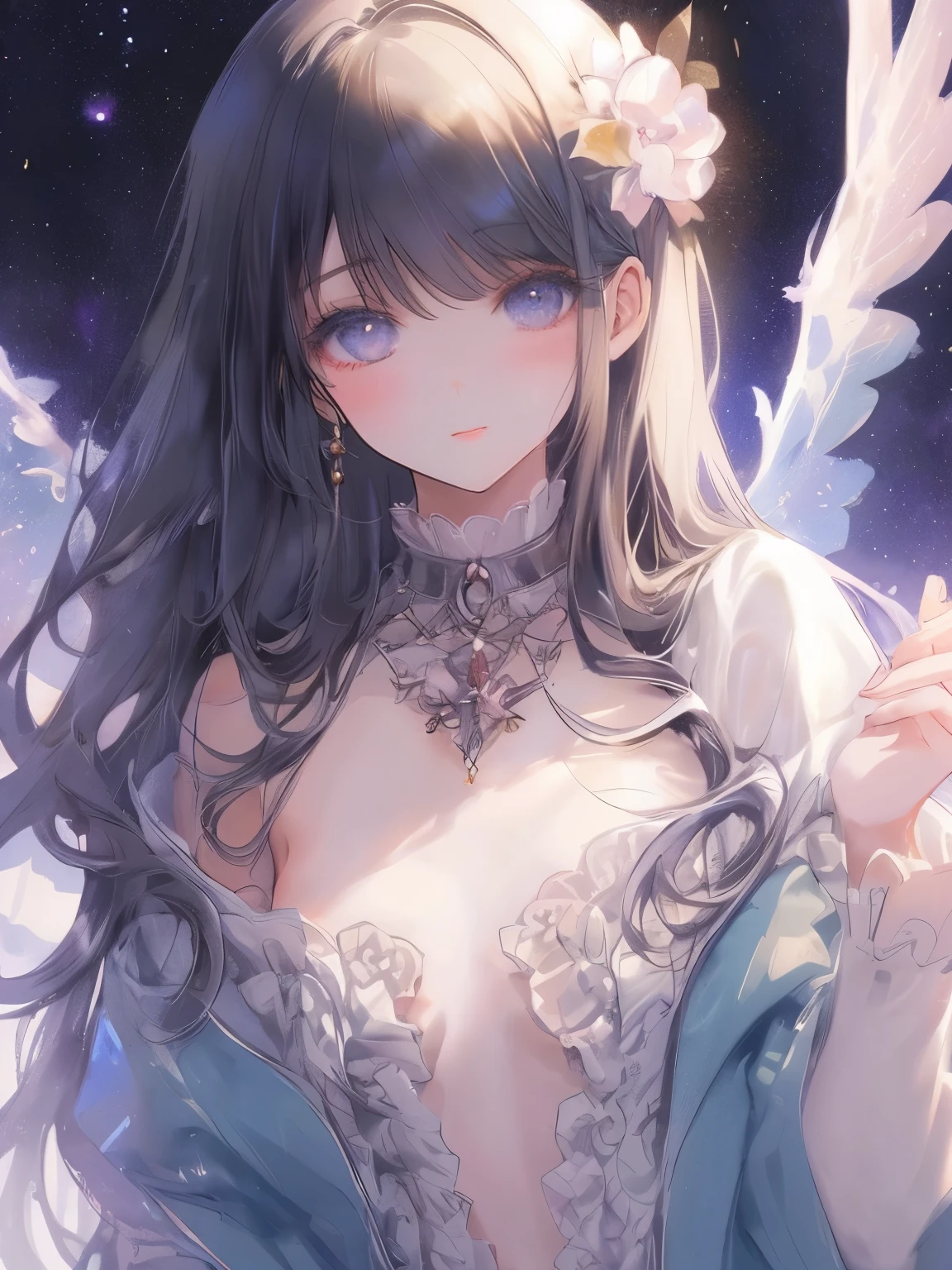 1 character, Woman, tanned skin, brown eyes, short messy hair, black and brown hair, small, big tits, big thighs, a little fat, winter creature, winter, cold (best quality, 4k, 8k, high resolution, masterpiece: 1.2), ultra detailed, (realistic, photo-realistic, photo-realistic: 1.37), highly detailed portrait, beautiful detailed eyes, beautiful detailed lips, extremely detailed eyes and face, long eyelashes, intricate details, fantasy, realism magical, vibrant colors, bright lights, adorable, cute, tender
