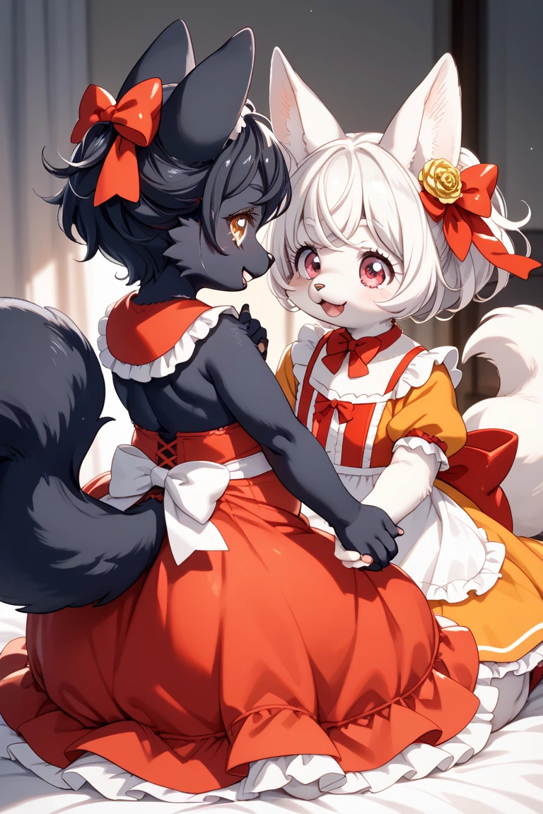 ((best quality)), ((masterpiece)), (Detailed) wolf girl and fox girl cosplay as maids, cuddle