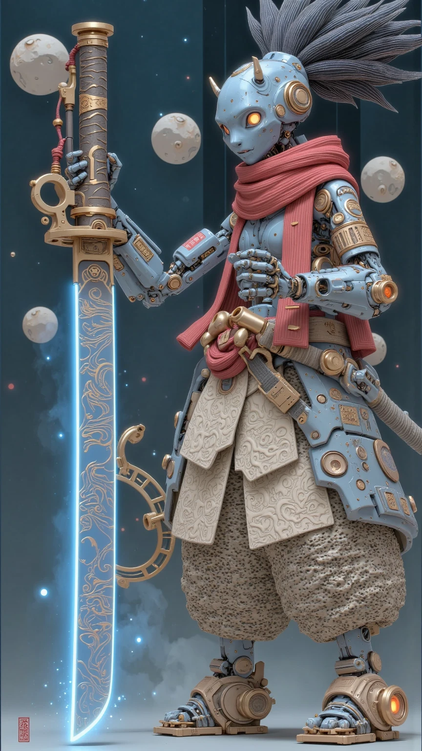 Design a highly detailed and futuristic humanoid robot inspired by science fiction aesthetics. The character should have a mechanical, cybernetic body with visible robot joints and intricate metallic textures. Its design should seamlessly blend traditional Japanese elements with advanced technology. The robot has no human features, emphasizing its fully mechanical nature, but it retains a humanoid silhouette for a striking visual impact.
The robot is equipped with a glowing katana, which emits a radiant blue energy along its blade, symbolizing advanced weaponry. The katana's hilt should feature intricate engravings that reflect both traditional craftsmanship and futuristic design. The robot is holding the sword confidently, showcasing its readiness for battle.
The character is adorned with a scarf wrapped around its neck, adding a touch of elegance and tradition to its otherwise mechanical appearance. Its body design incorporates patterns reminiscent of ancient Japanese armor combined with modern robotic plating. The legs and arms should be reinforced with visible mechanical components, emphasizing its robotic structure.
The background should feature a subtle science fiction atmosphere—dark and minimalistic—with floating celestial objects like small moons or asteroids to enhance the futuristic theme. Ensure the lighting highlights the glowing elements of the katana and the robot's metallic textures, creating a visually captivating and immersive scene.