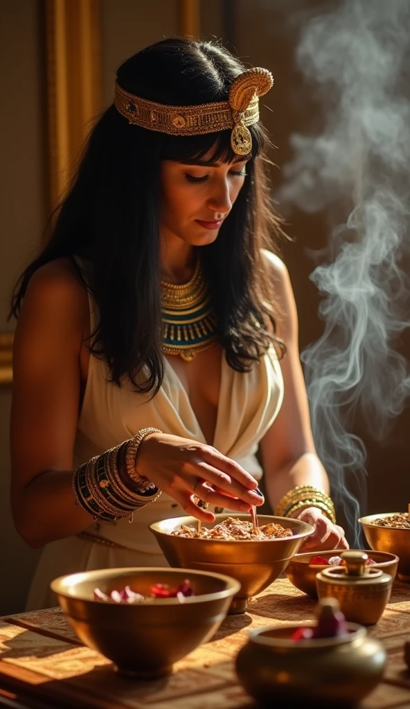 a highly eye-catching and slightly sensual high-resolution image of an ancient Egyptian woman preparing a contraceptive mixture with honey. The woman should be fully framed within the image, wearing revealing ancient Egyptian attire with a deep, eye-catching neckline. She is actively mixing a bowl of honey with other ingredients. Ensure the entire figure is visible from head to toe against a simple or neutral background that will be easy to remove. The setting should include subtle hints of ancient Egyptian decor, but the primary focus should remain on the woman. Use warm and dramatic lighting to accentuate her features and create a vibrant, visually appealing image. Render in 4K quality, in the style of artstation trend, cinematic, thriller.