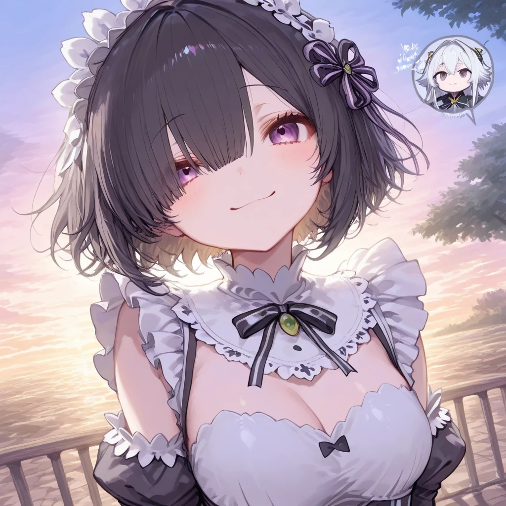 (masterpiece, best quality:1.2),illustration,8k,hd,on the ocean,1girl,solo,upper body,(portrait:1.2),kent (azur lane),ahoge,one side up,anchor,bangs,bare shoulders,black footwear,black gloves,black hairband,black ribbon,black skirt,blush,boots,buttons,covered nipples,detached collar,elbow gloves,eyebrows,eyelashes,eyes visible through hair,fang,frilled apron,frills,fur trim,hair between eyes,hairband,high-waist skirt,lace-trimmed legwear,lace trim,maid apron,medium breasts,miniskirt,no bra,purple hair,red bow,red eyes,see-through,short hair,single stripe,sleeveless shirt,tsurime,underwear,waist apron,white apron,white bow,white socks,white shirt,<lora:Kent(azur):0.6>,