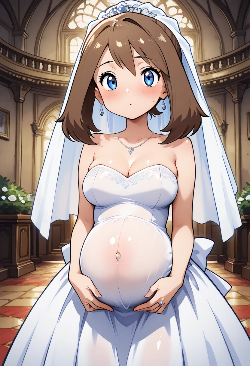 (in 8K, Best Quality, masutepiece:1.2), Best Quality, 超A high resolution, kawaii, Cute, 1girl, 20 years old, (big round chest:1.2), (pregnant), (hanging breasts), breast focus, (embarrassed:1.2), (sexy pose), (black collar:1.2), (pubic hair), middle hair, dynamic angle, (see through white strapless leotard:1.2), Monique Lhuillier wedding dress, lace sleeves, church, Stained glass, holylight, (breast grab:1.2), panty focus, (close up), (((a person, crowd)))