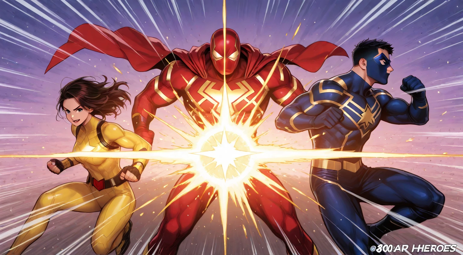 (comic strip:1.5), Flame Woman,Superheroes and supervillains engage in epic battles.