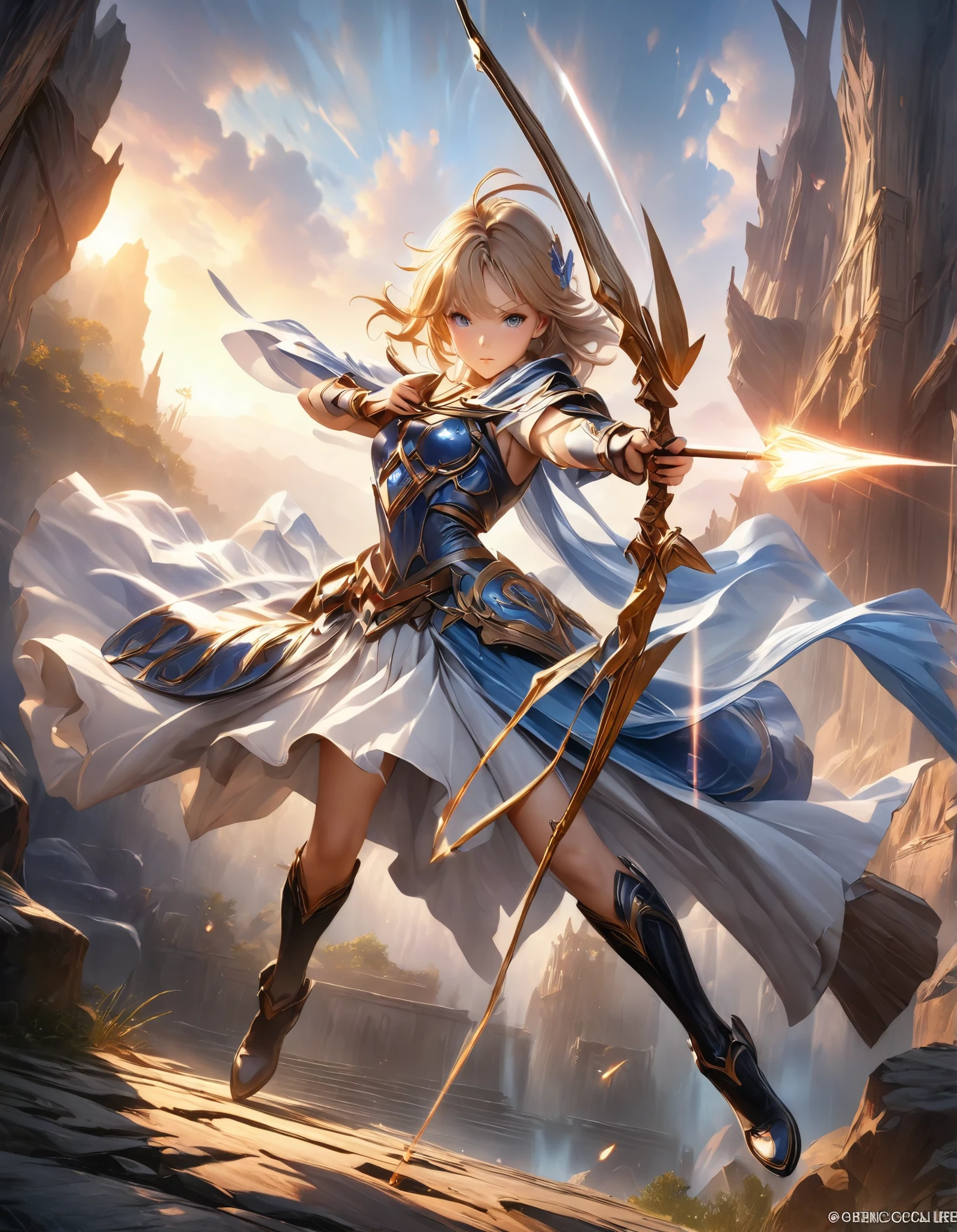 A girl aiming a bow, holding weapon, JK amine girl, The tip of the arrow emits a radiant glow, goddess, blue armor, black boots, (detailed perfect face), anime style, detailed anime artwork, ultra-realism, (masterpiece, best quality:1.2), extremely detailed, high resolution, 8K, anime art wallpaper 8K