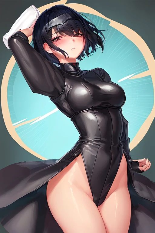 ((Best Quality)), ((Masterpiece)), (Detailed), Girl with short black hair, with straight bangs, yellow eyes, the pupils of his eyes look at your violence, tall and slender, very beautiful and feminine features, wearing shorts with long black stockings, short hair, nice breasts, with a too short miniskirt, with a scared expression, she feels alone, just woke up
