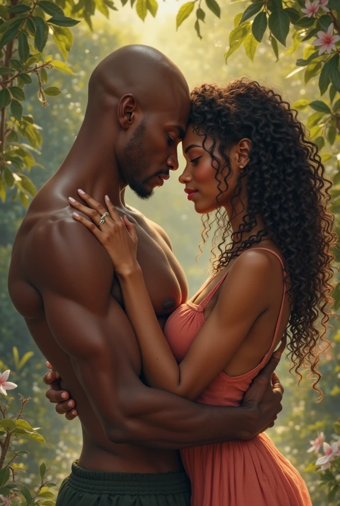 A young, amber-eyed, mulatto girl with very curly brown hair, tall, slim and athletic. Married to a very handsome and taller, blond and blue-eyed white man.