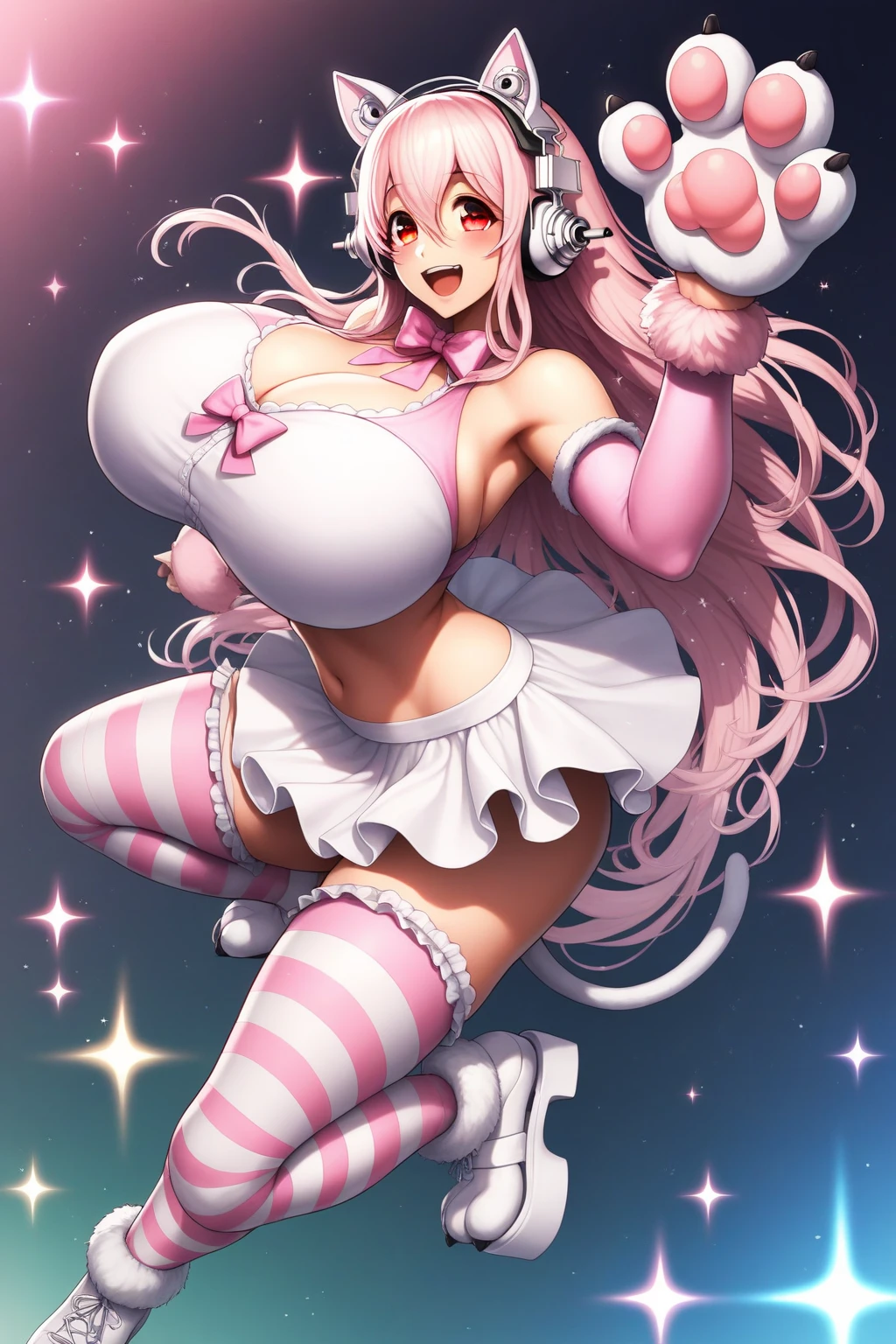 Happy , with wolf ears and pink hair, holding her cheeks, wolf tail, wearing a latex dress, looking at veiwer, full body, you can see her chest, naked breasts