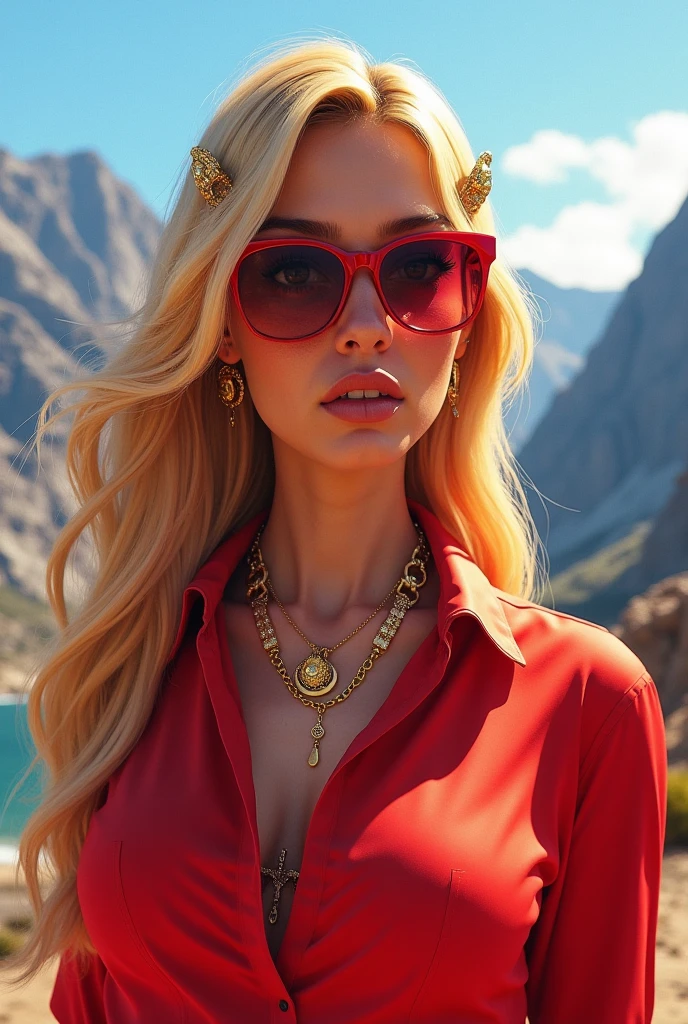 Caucasian woman, sunglasses, blonde hair, wavy hair, long hair, slight smile, braided hair, smile, red lips, gold earrings, athletic body, small breasts, (((rose top))), nipples, wrist watch, bracelets, white nails, driving, By plane, side shot.