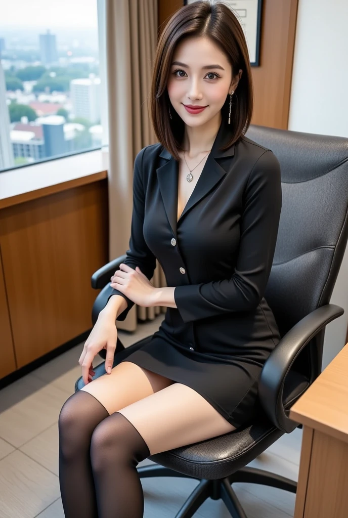 night景、night、Office、Very short hair、Check suit、mini skirt、Cleavage（Very large breasts、Very thin and long legs、Perfect figure、High heels、whole body、smile）、1 female、Double eyelids、No makeup、23 years old、（masterpiece、8K,RAW Photos、High resolution:1.4）
