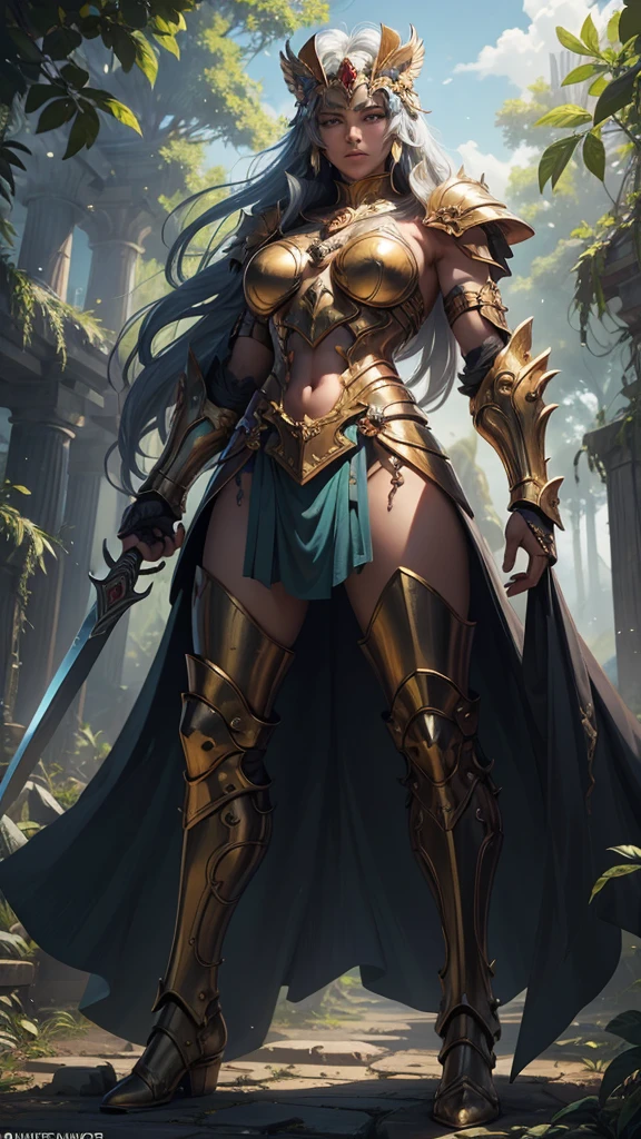 asian girl, bold makeup, long eyelashes, sturdy armor,nature background,hyper detailed face, very detailed lips, Detailed eyes, very long hair,full body picture,(The most luxurious and highest quality giant tiara:1.1),(Lots of jewelry:1.1),(elven warrior:1.1),elf ears,wearing heels,revealing body,holding a sword,pale skin,black hair,tied hair