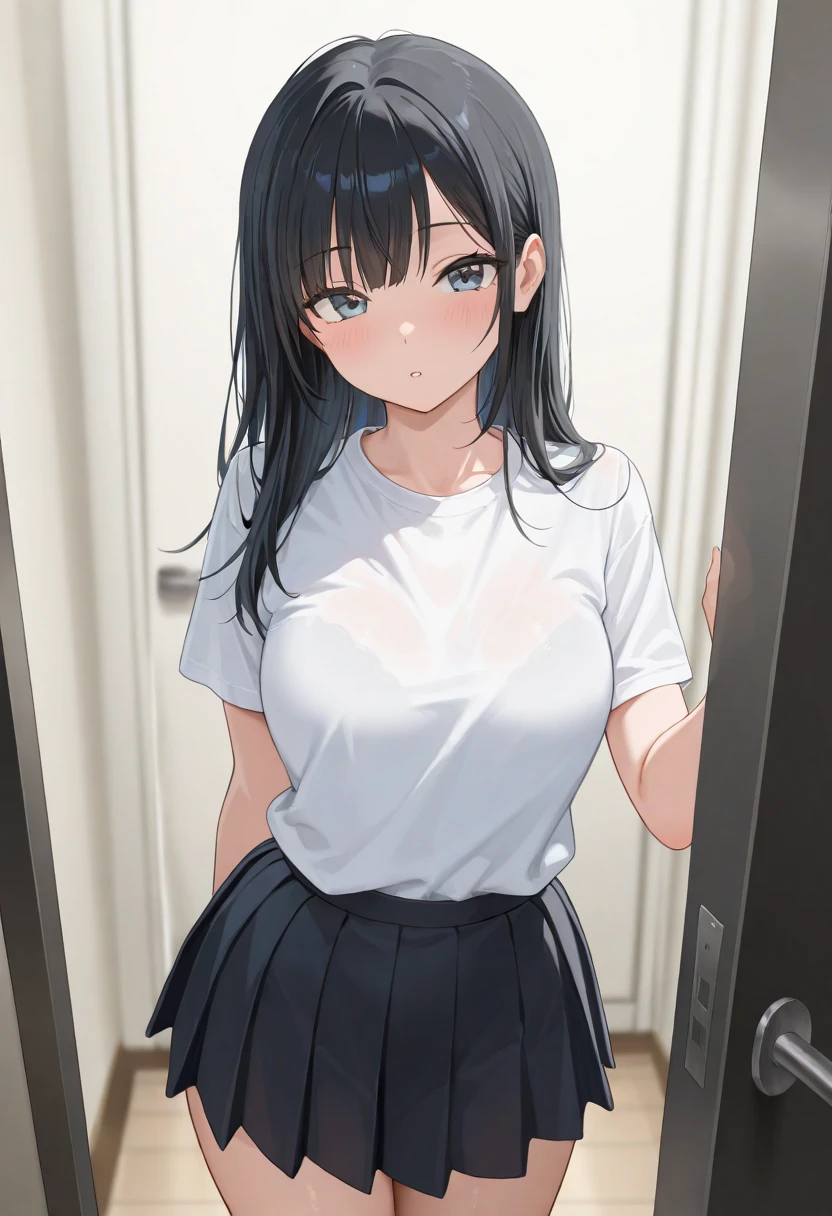 ((best quality)), ((masterpiece)), (detailed), (((perfect face))), ((slender teengirl)), (((wearing dark blue pleated skirt))), ((medium breasts)), ((brunette)), ((ponytail)), ((((topless)))), (((blue eyes))), ((shy:1.3)), ((blushing:1.5)), ((skinny thighs)), ((skinny hips)), (((girl looking away))), ((bare stomach)), ((bare arms)), ((bare shoulders)), (((standing))), (((5 class hotel elevator)))