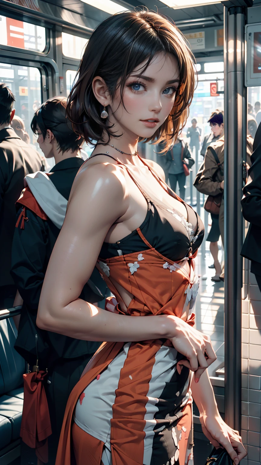 Highest quality, One person, (Skin dentition), (Huge breasts:1.2), (Blur the background:0.6), At a crowded amusement park, (Casual yet stylish, Elegant fabric,fローラl dress:1.5 ), Nice, (short hair:1.5), Soft lighting, Wind, (Front light:1.5), surprised