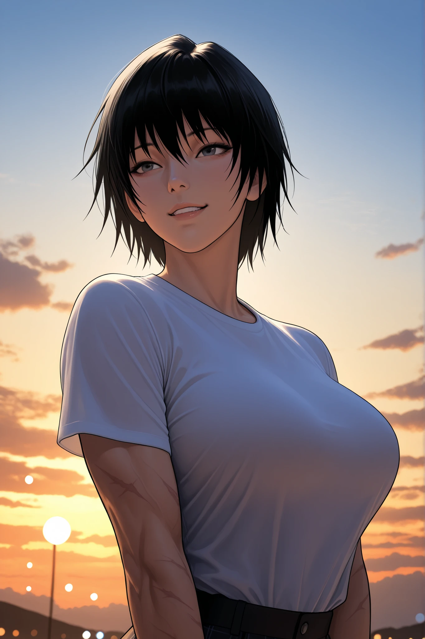 Fushiguro Touji's jutsu rotation sexy posture, Muscular body like an idol. character portrait, upper body shirt, muscular upper body, attractive expression, Sensual appearance , by, sky, cloud, Golden Sunset, Stunning Scenery, Realistic, Professional , hyperrealism, 4K, 8K, ultra high definition, Masterpiece, extremely delicate, photorealistic, HDR, UHD, Studio Lighting, High-precision painting , focused, Physically Based Rendering, extreme detail, Professional , vibrant colors, Bokeh effect. full body. Touji's natural color. Detailed description of Toji's natural scar