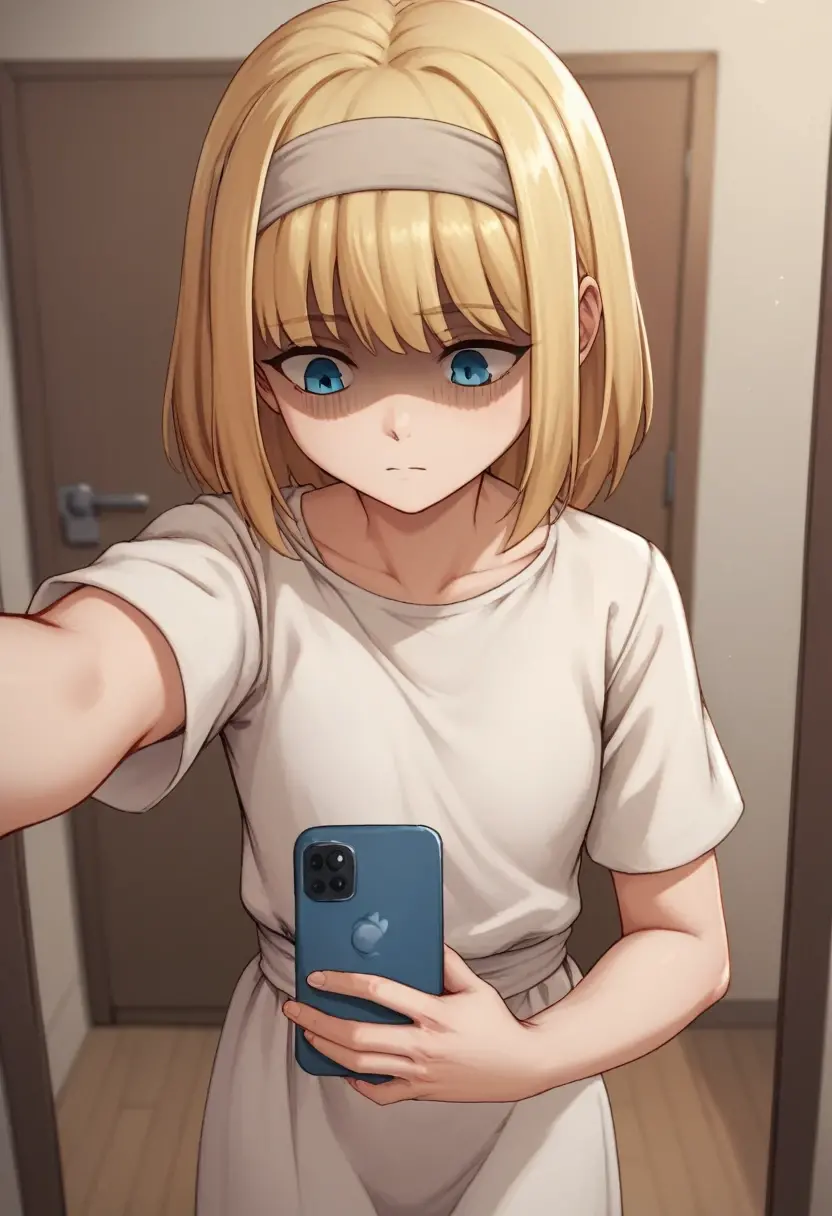 score_9, score_8_up, score_7_up, ymir fritz,1girl, solo, hairband, blonde hair, bangs, blue eyes, medium hair,shaded face,white dress, short sleeves, room, from bellow, looking down, grab, grabbing, selfie, 