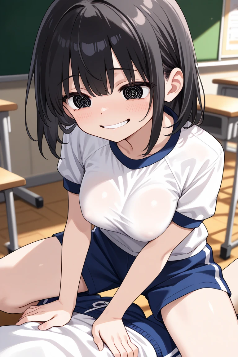 completed naked, standing, classroom, black hair, twintails