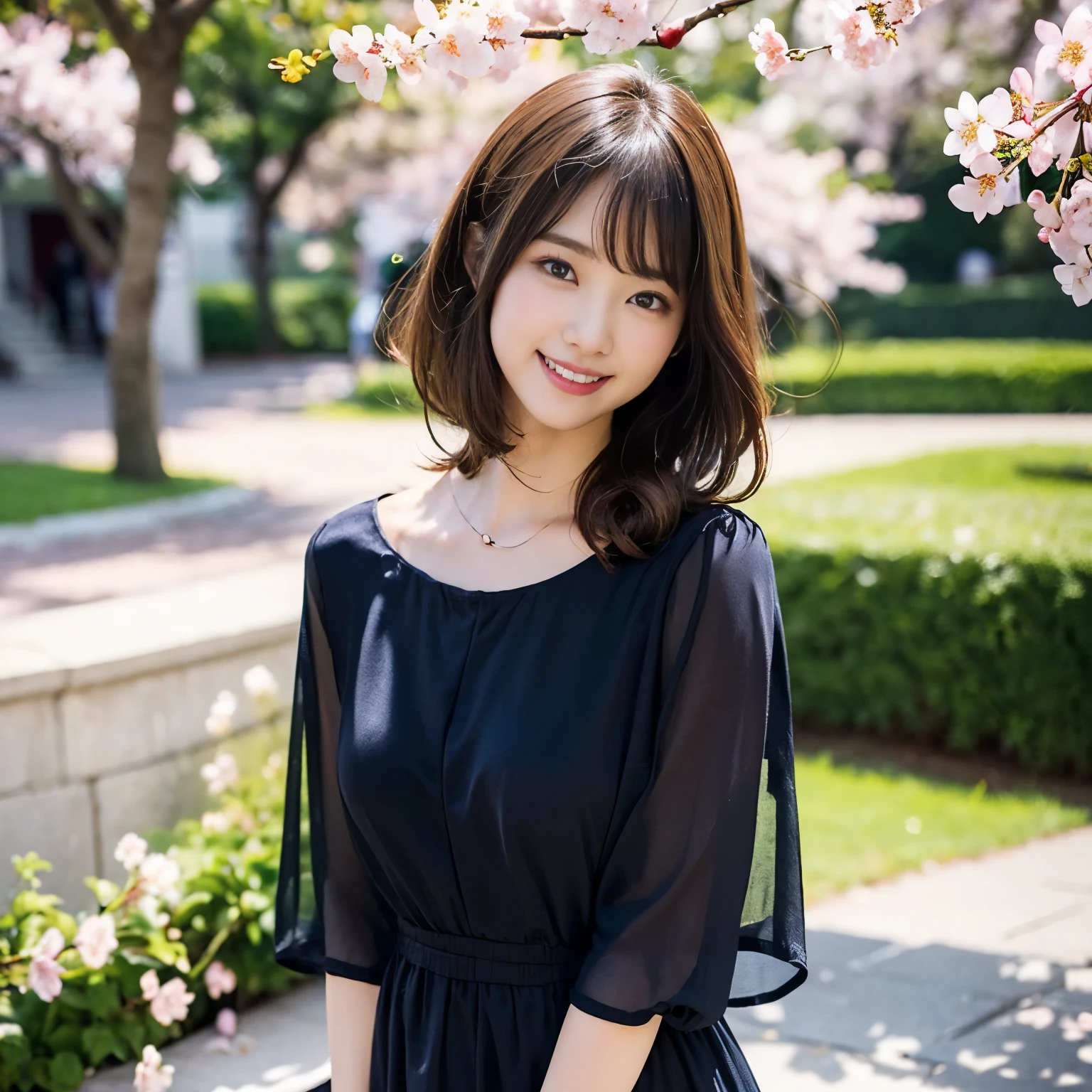 essential item showing crotch, top quality, (top quality、8k、masterpiece:1.uper high resolution、23 years old、(close your mouth:19)、PHYSICAL BASED RENDERING、(photorealistic:1.37)、(Beautiful Woman With Perfect Body:19)、dynamic pose、((((1 o'clock human woman:1. olo:1. 9))、 hungry:1.2、highly detailed face and skin texture、 white skin、thin waist, slim legs、top quality,so beautiful、dynamic pose、(cute:1.2),Perfect glowing skin,(( I can see my private parts )), brown hair,(medium hair)、Slightly curly hair、((((bungs)))),(((sexy)))、((( I can see my cheeks )))、(((cherry blossoms)))、country town、(((smile slightly)))、looking here、focuses the eyes、A casual dress that fits the body、heart-shaped pupils 、random casual dress、