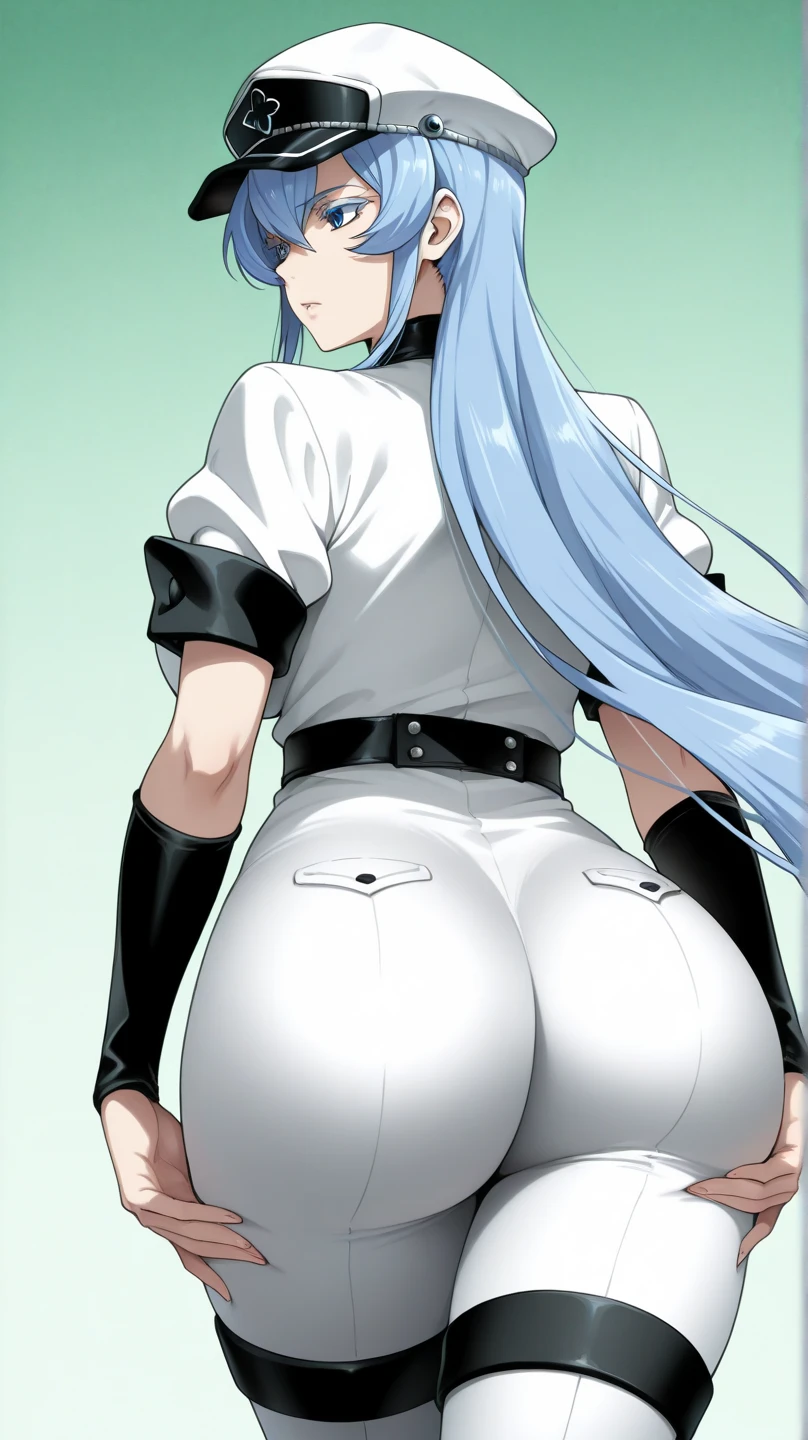 1 girl, Aqua Konosuba, blue hair, (huge ass:1.5), juicy buns, no panties, (Angle on the ass), back view, bent down slightly, you can see the anus, (Focus of anus:1.2), spreads his buns with his hands